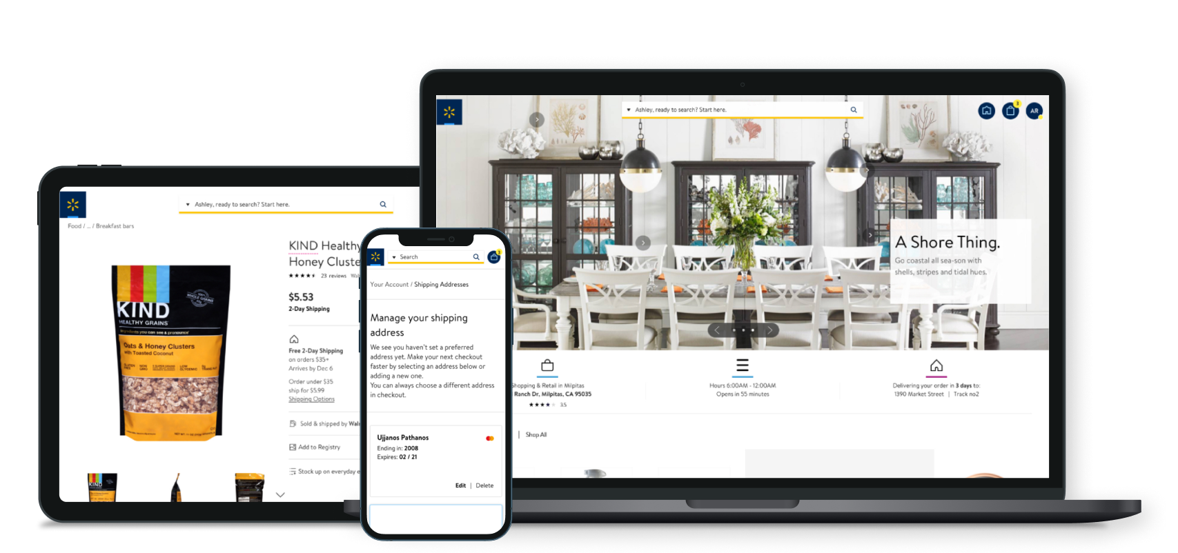 Displays a grocery shopping website on three devices: a smartphone, a tablet, and a laptop. The website shows a bag of KIND Honey Clusters cereal on the tablet, a search bar on the smartphone for managing shipping addresses, and a home interior dining room scene on the laptop.