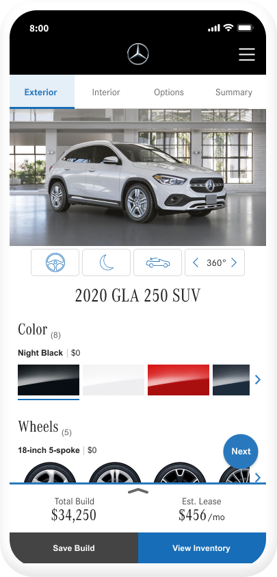 Mobile app interface displaying a 2020 Mercedes-Benz GLA 250 SUV with color and wheel options, in a showroom.