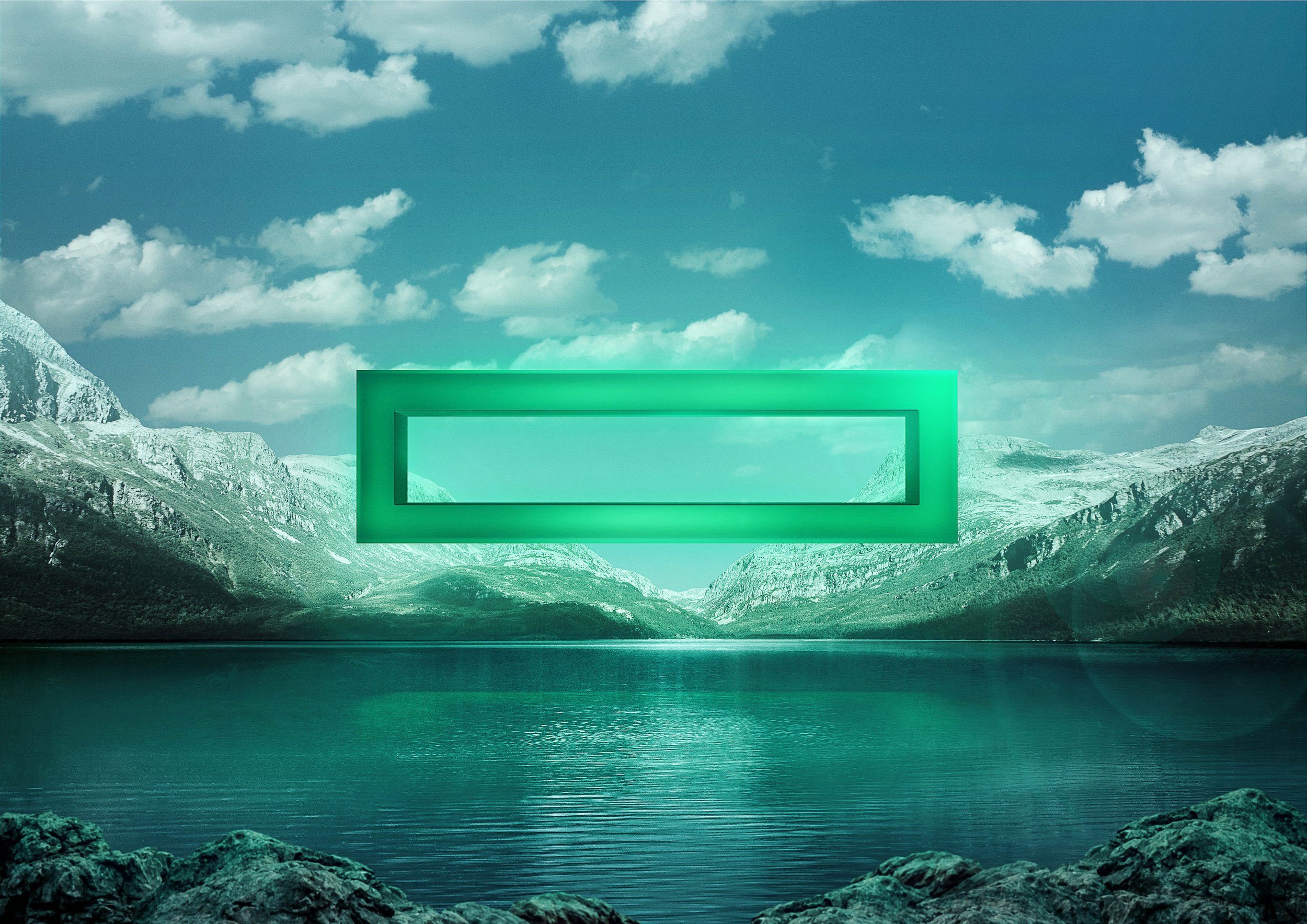 A lake with mountains and a blue sky with clouds, featuring a floating green rectangular frame over the water.