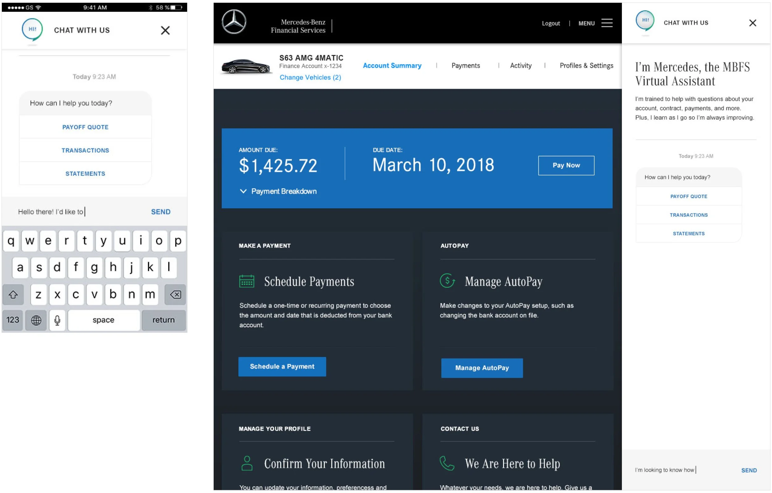 Screenshots of a mobile banking app and a Mercedes-Benz financial services dashboard. The banking app includes a chat window with options for payoff quote, transactions, and statements, as well as a message input field. The dashboard displays account details, the amount due of $1,425.72, payment due date March 10, 2018, and options to schedule payments and manage AutoPay.