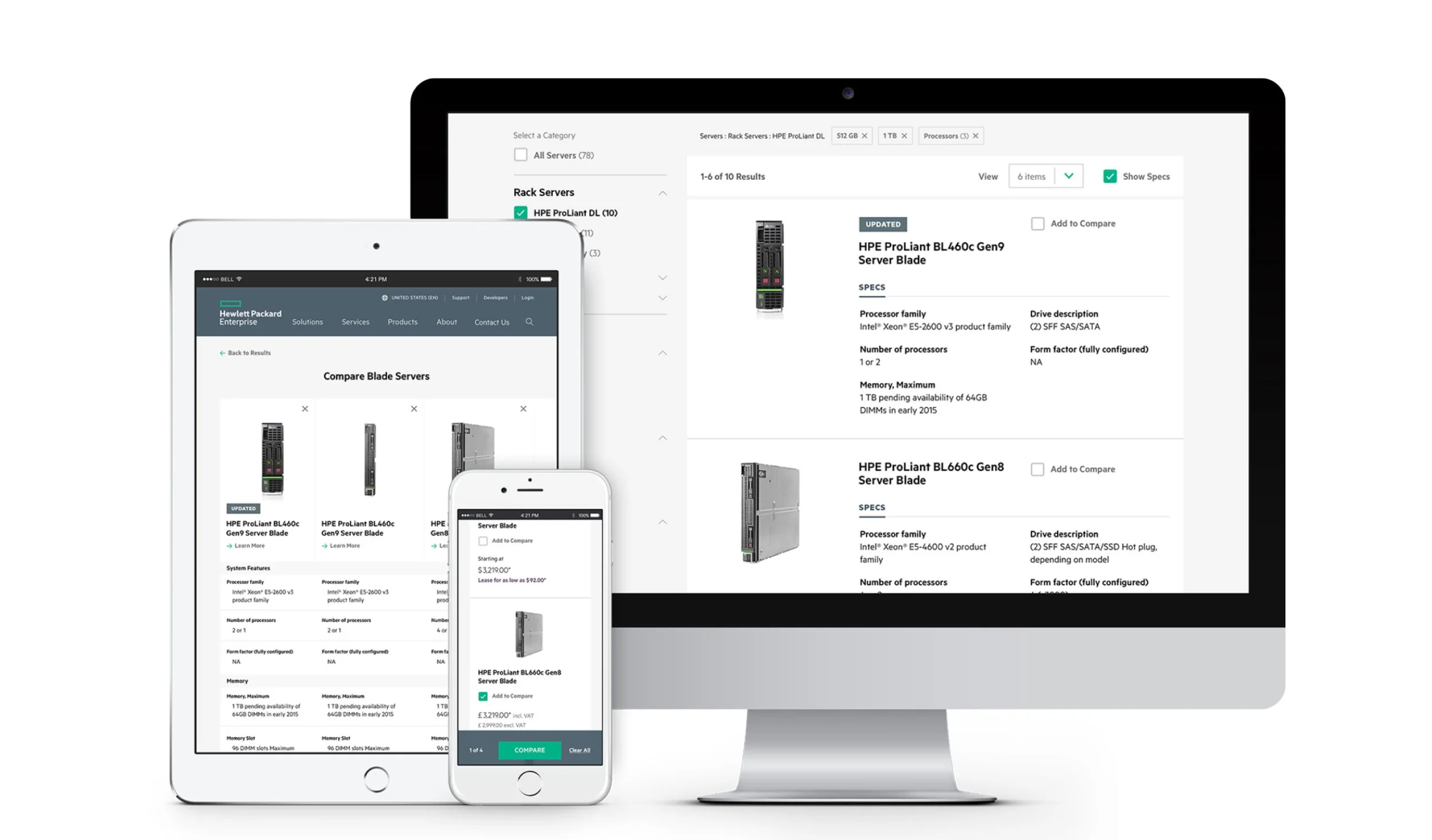 Multiple electronic devices, including a desktop monitor, tablet, and smartphone, displaying server specifications and comparison pages for Hewlett Packard Enterprise server hardware.