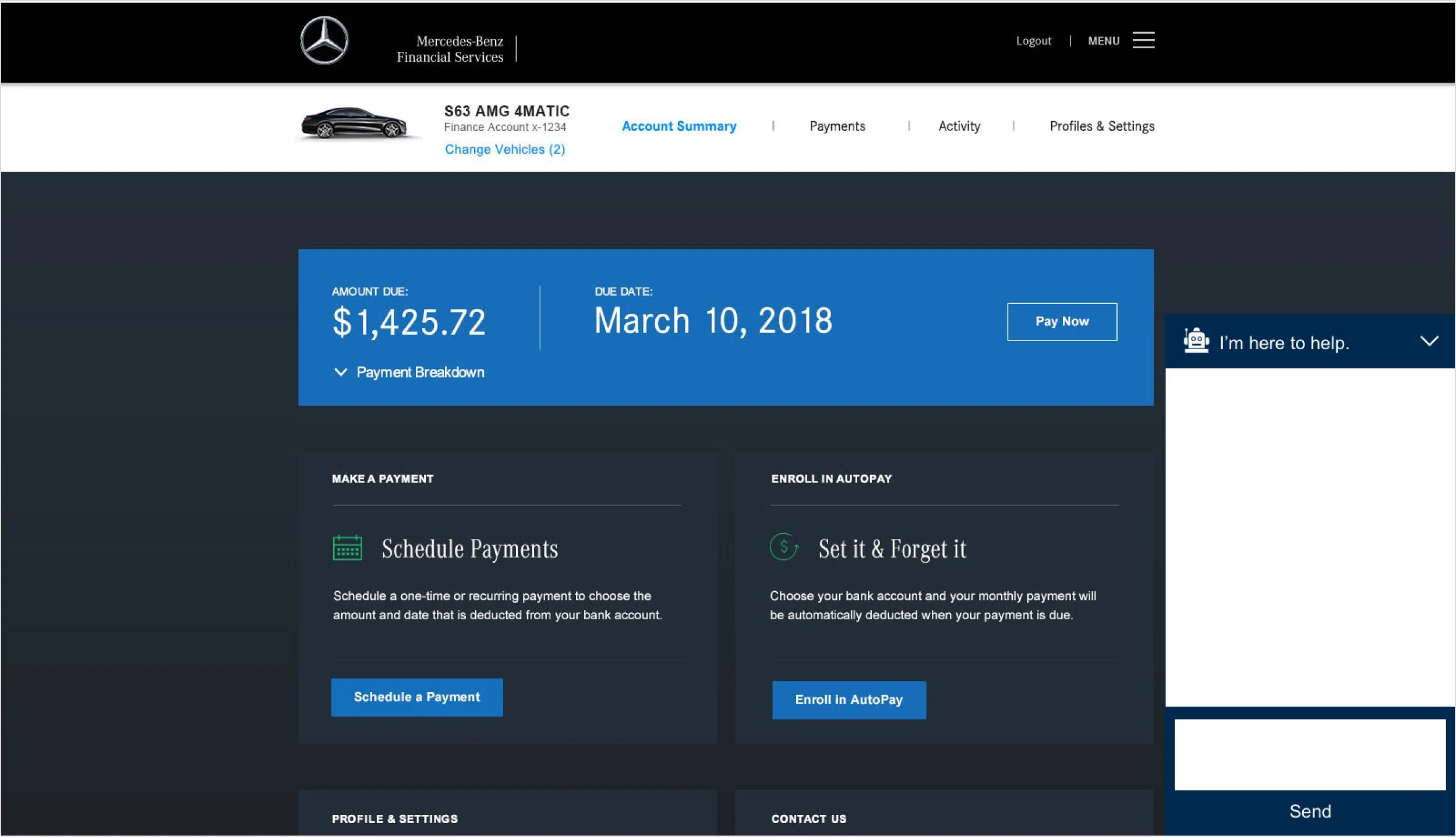 Mercedes-Benz Financial Services online account dashboard displaying a payment due of $1,425.72 with a due date of March 10, 2018, and options to pay, schedule payments, enroll in AutoPay, and manage account settings.