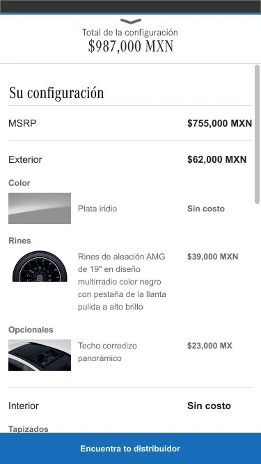 Screenshot of a car configuration and pricing details in Spanish, showing total price in MXN, including MSRP, exterior, color, rims, optional features, and interior.