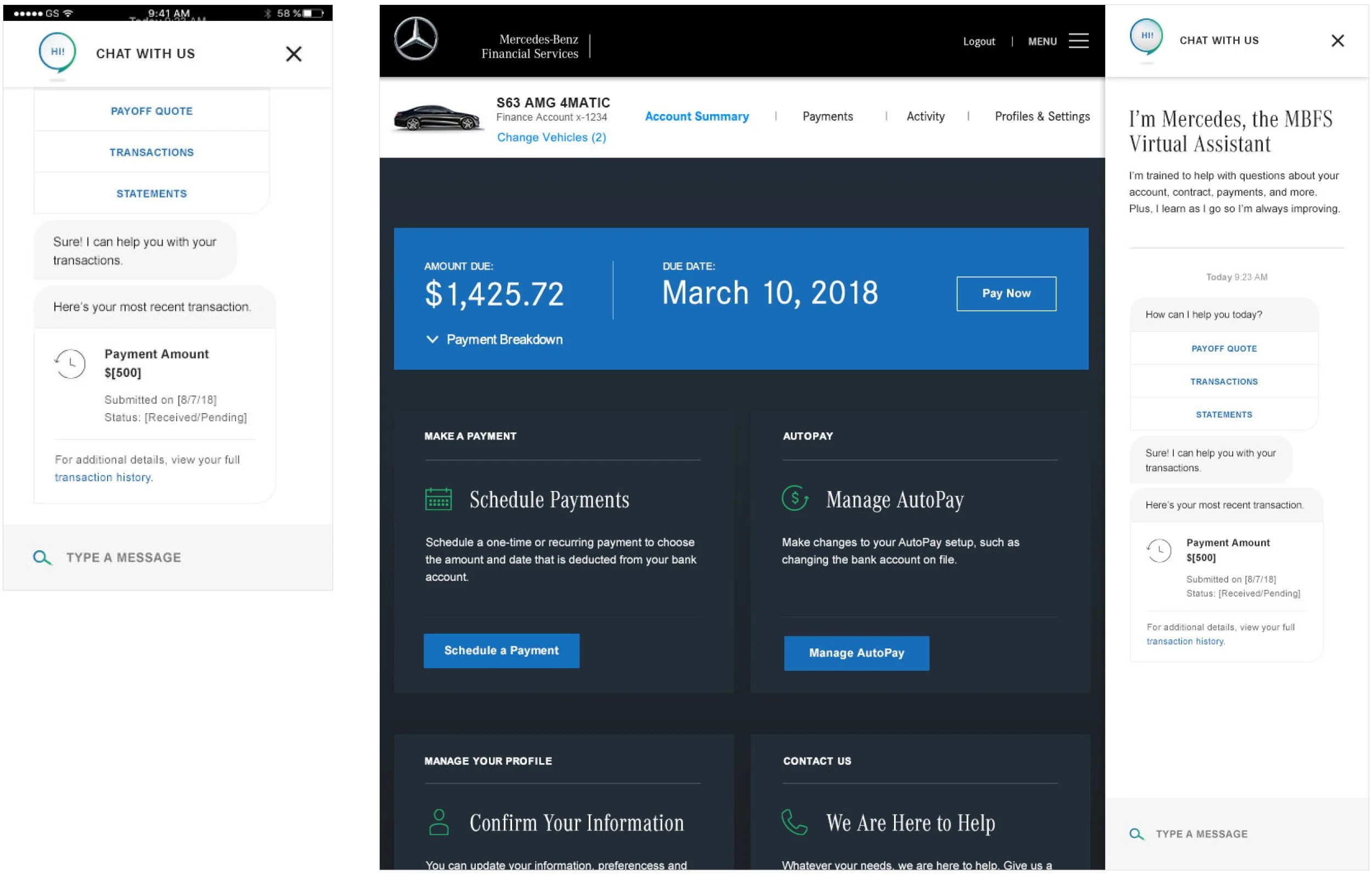 Three screenshots of a mobile banking app interface for Mercedes-Benz Financial Services, displaying account details, recent transactions, and virtual assistant chat chats.