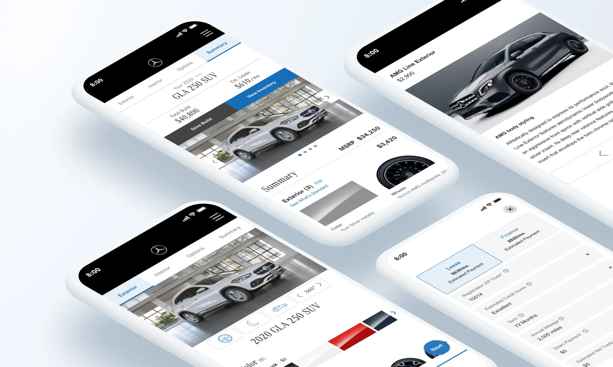 Mobile app interface showing a luxury car selection, with a white Mercedes-Benz GLA 250 SUV, its price, and options for customization. The screen displays car images, details, and payment options.