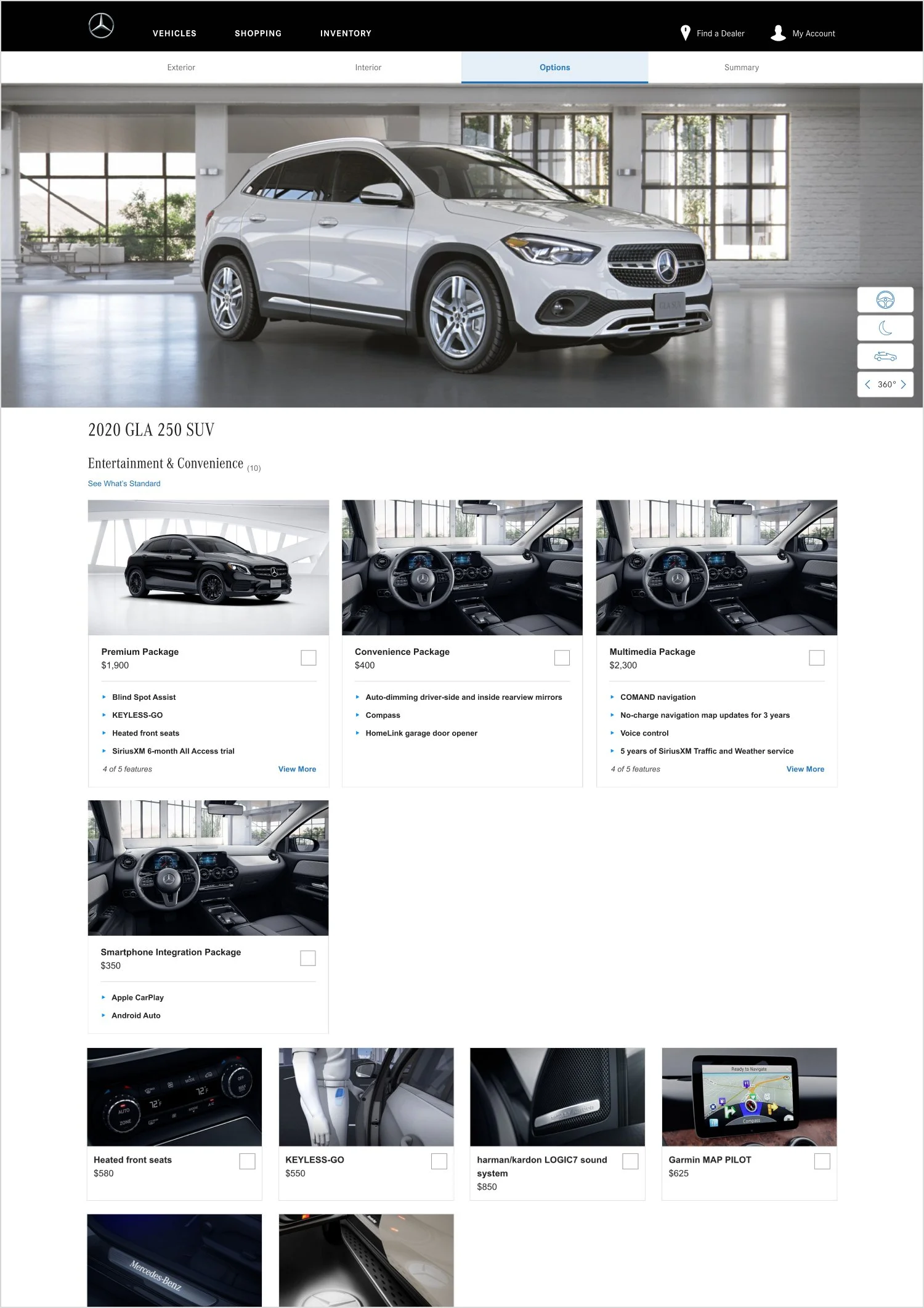 Screenshot of Mercedes-Benz website showing a white 2020 GLA 250 SUV inside a modern showroom. The page displays various optional packages and their prices, including entertainment, convenience, multimedia, smartphone integration, and interior features.