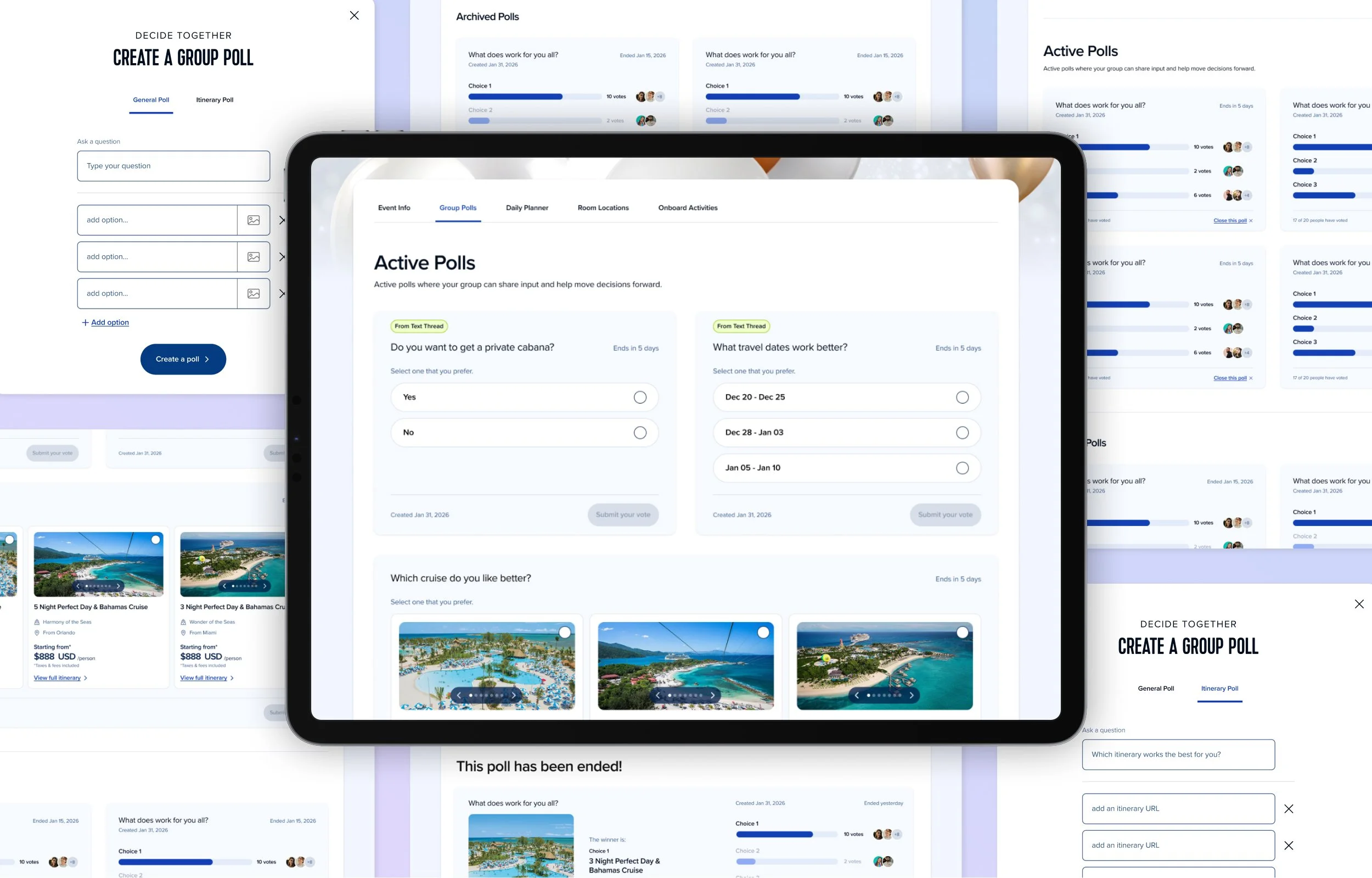 Digital screenshot displays a collection of travel and survey interface screens on devices, including group polls, travel destination options, and voting results.