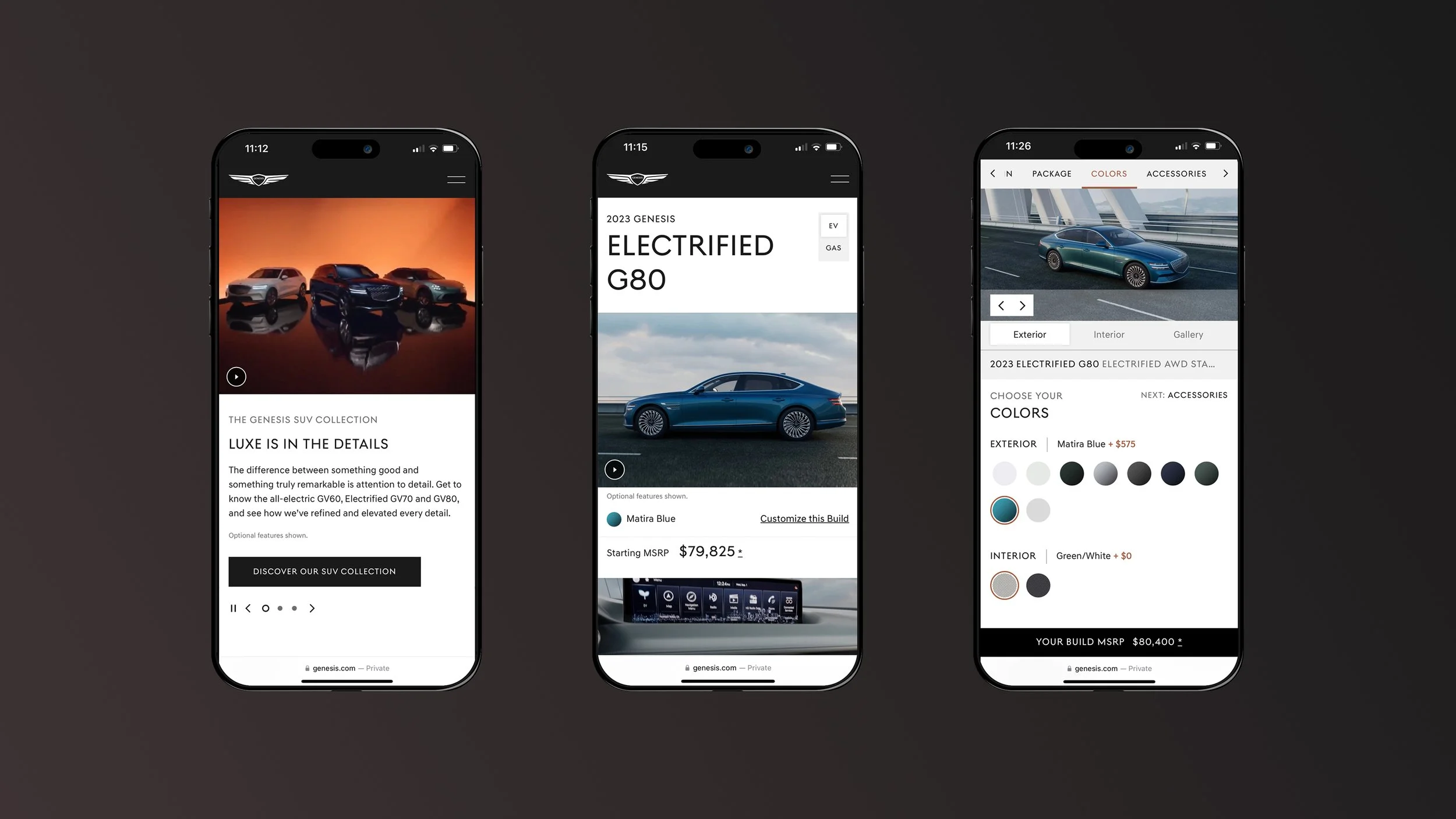 Screenshots of a car manufacturer's mobile app showing different features. The first screen displays a collection of SUVs with a promotional message. The second screen shows details of a blue electric car, including its price and options. The third screen allows customization of a blue car's colors and interior options.