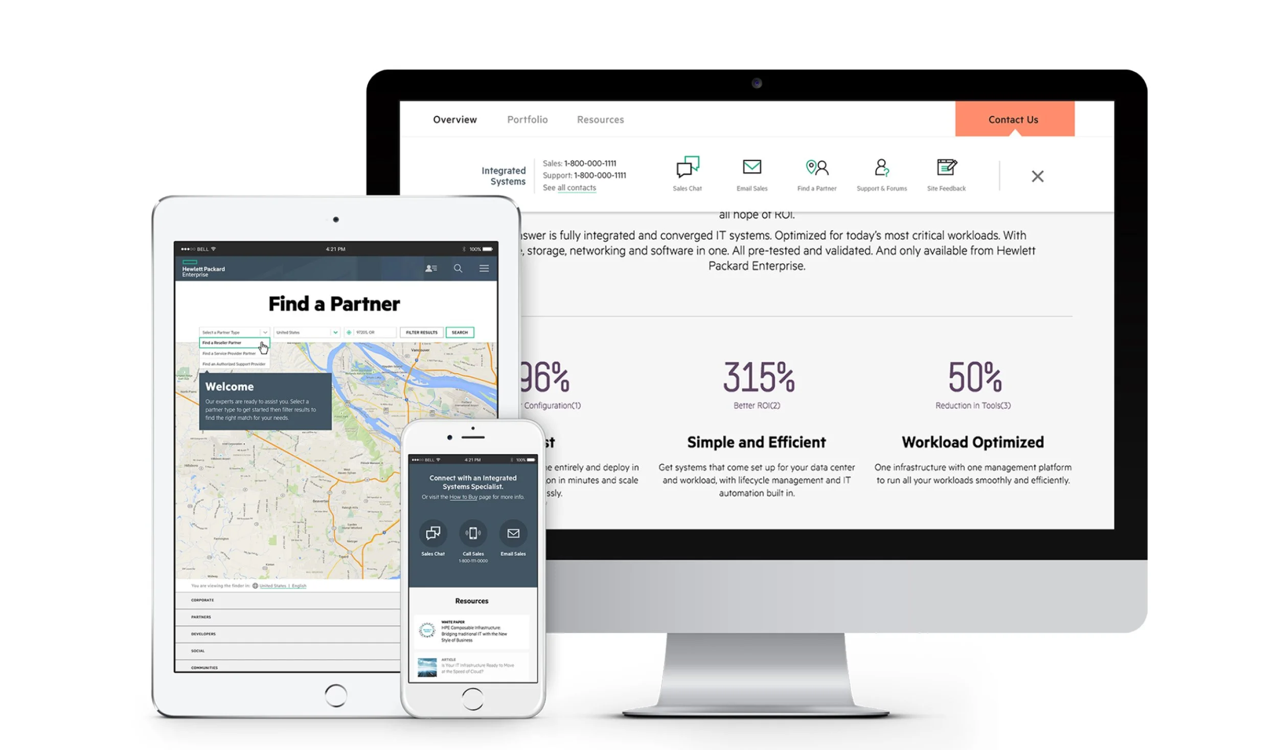 Devices displaying a website with a map to find partners, including a desktop monitor, tablet, and smartphone.