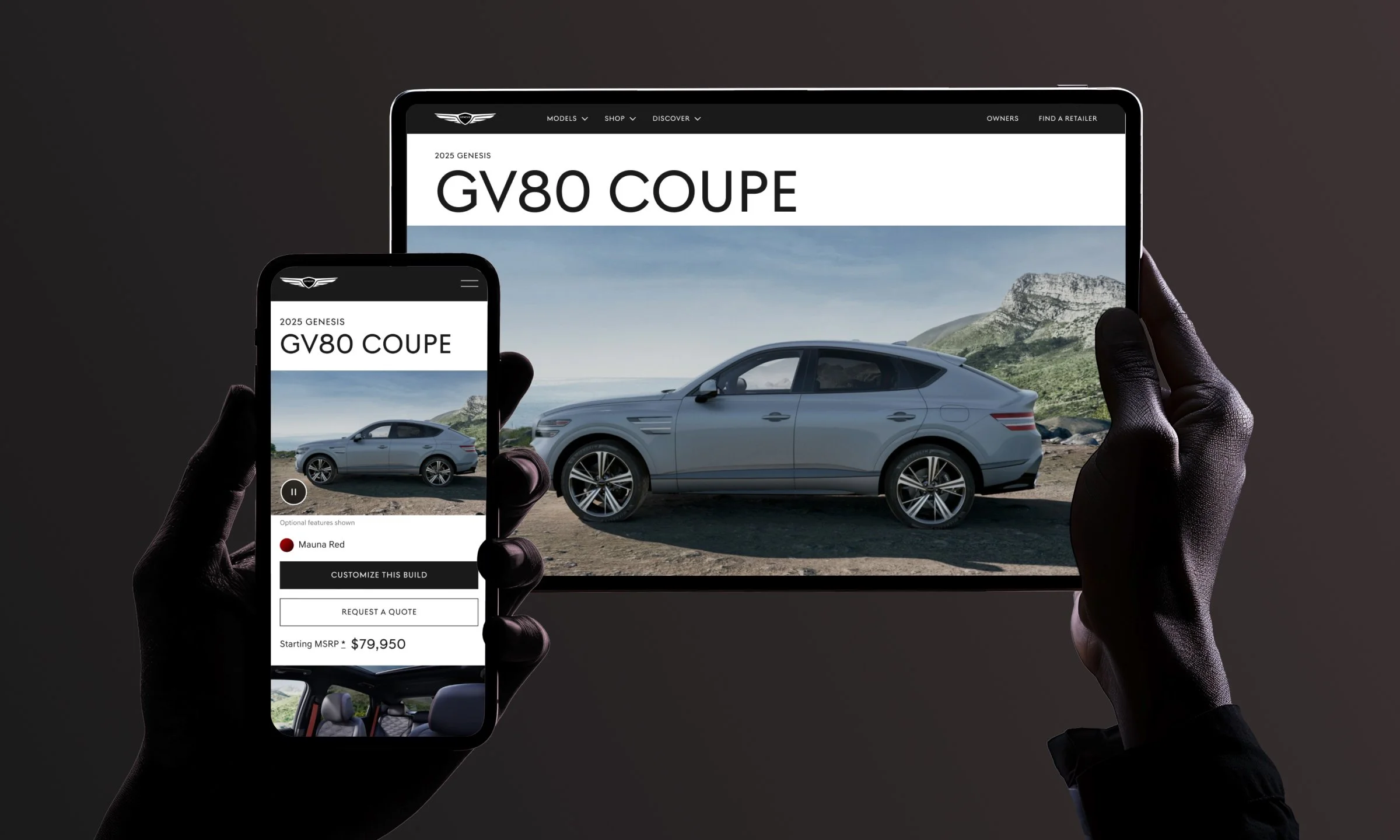Person holding a smartphone displaying a car build options screen, with a car on a landscape background on a tablet in the background.