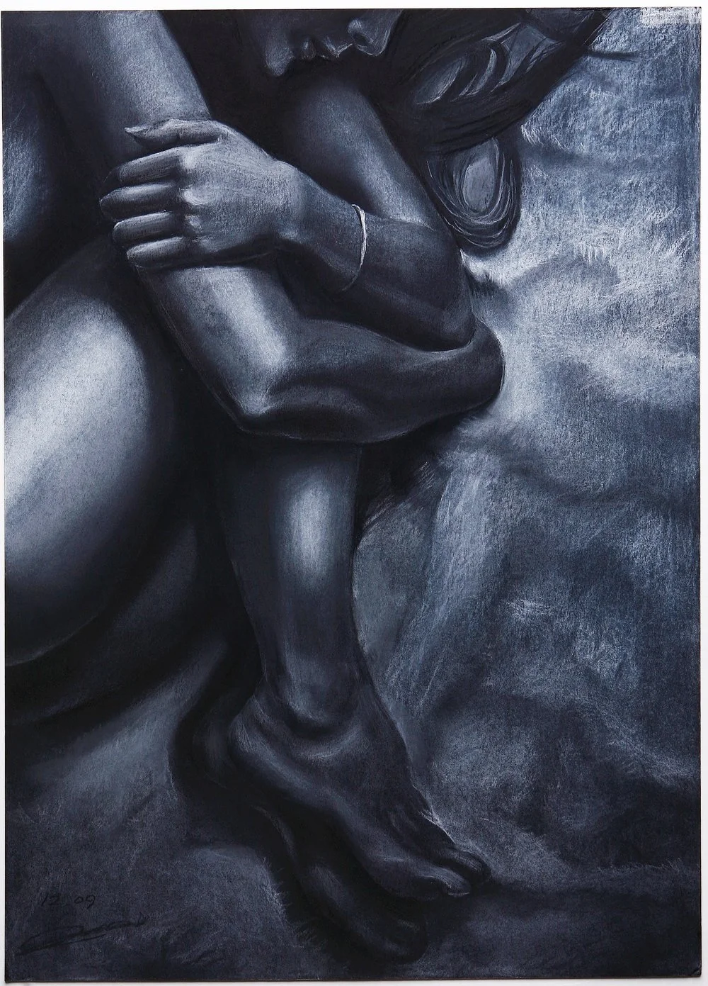 Black and white painting of a woman hugging her knees, with her head resting on her arms, showcasing emotional vulnerability.