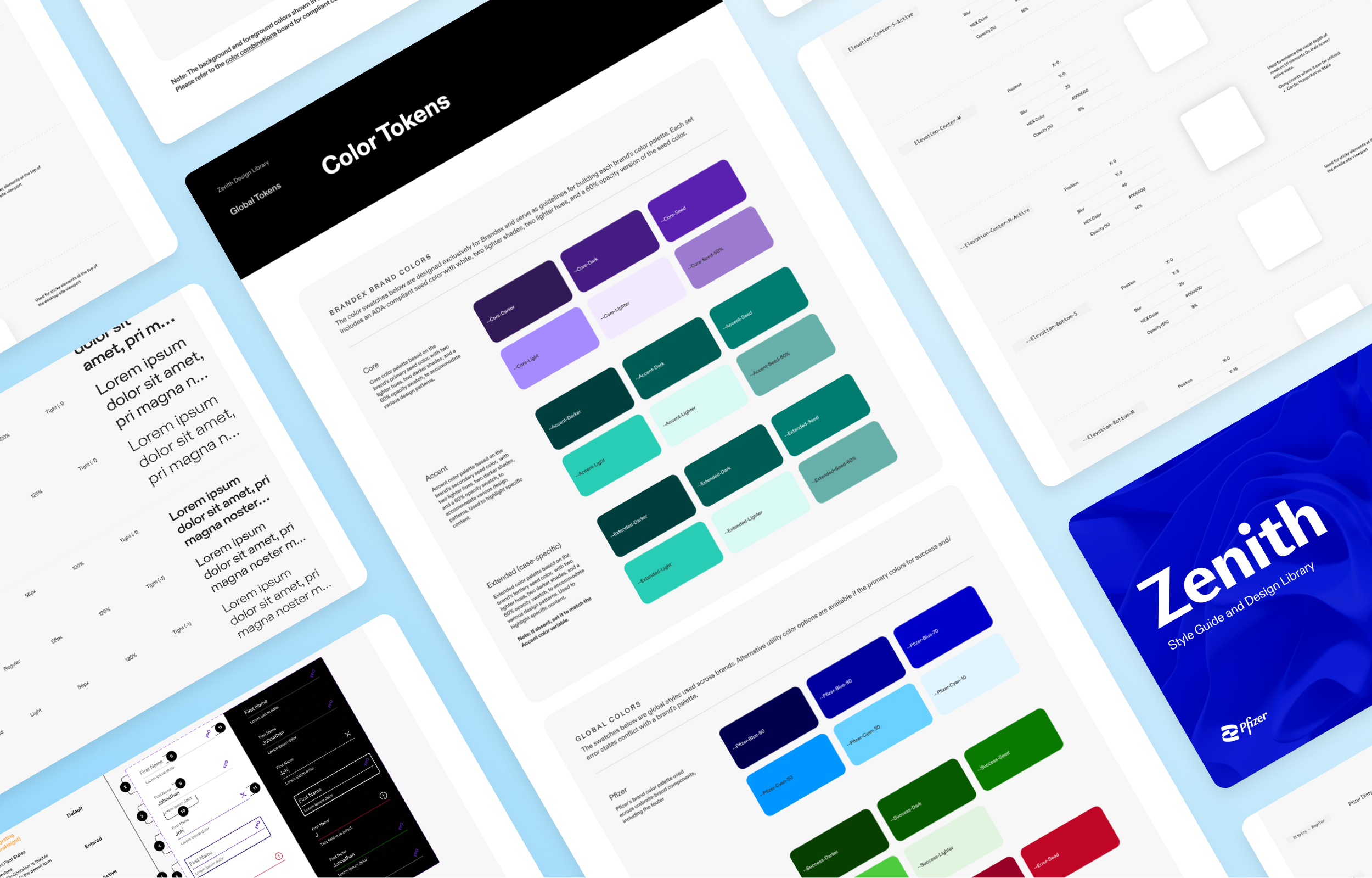Digital graphic design displaying various pages of a style guide and color palette, prominently featuring a section titled 'Color Tokens' with color swatches and information.