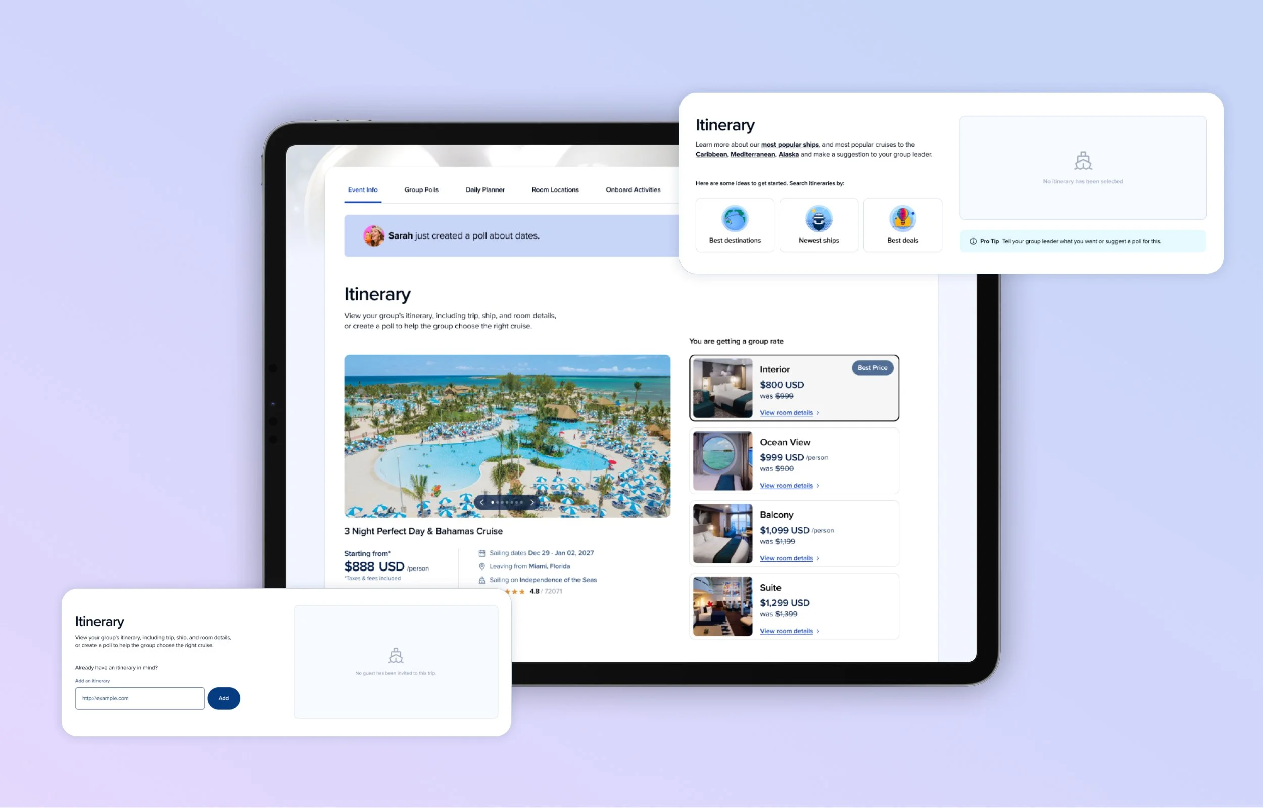 Screenshot of a travel booking website on a digital device, displaying cruise options, prices, and itinerary details.