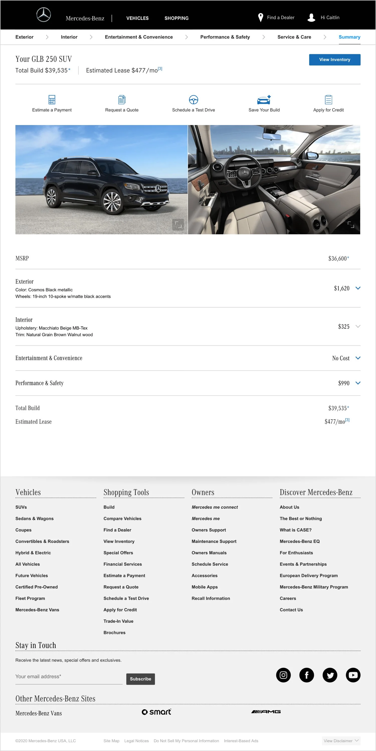 Screenshot of a Mercedes-Benz vehicle configuration webpage displaying a 2020 GLB 250 SUV with black metallic exterior and beige interior. The page includes options for customization, pricing details, and links for further actions.