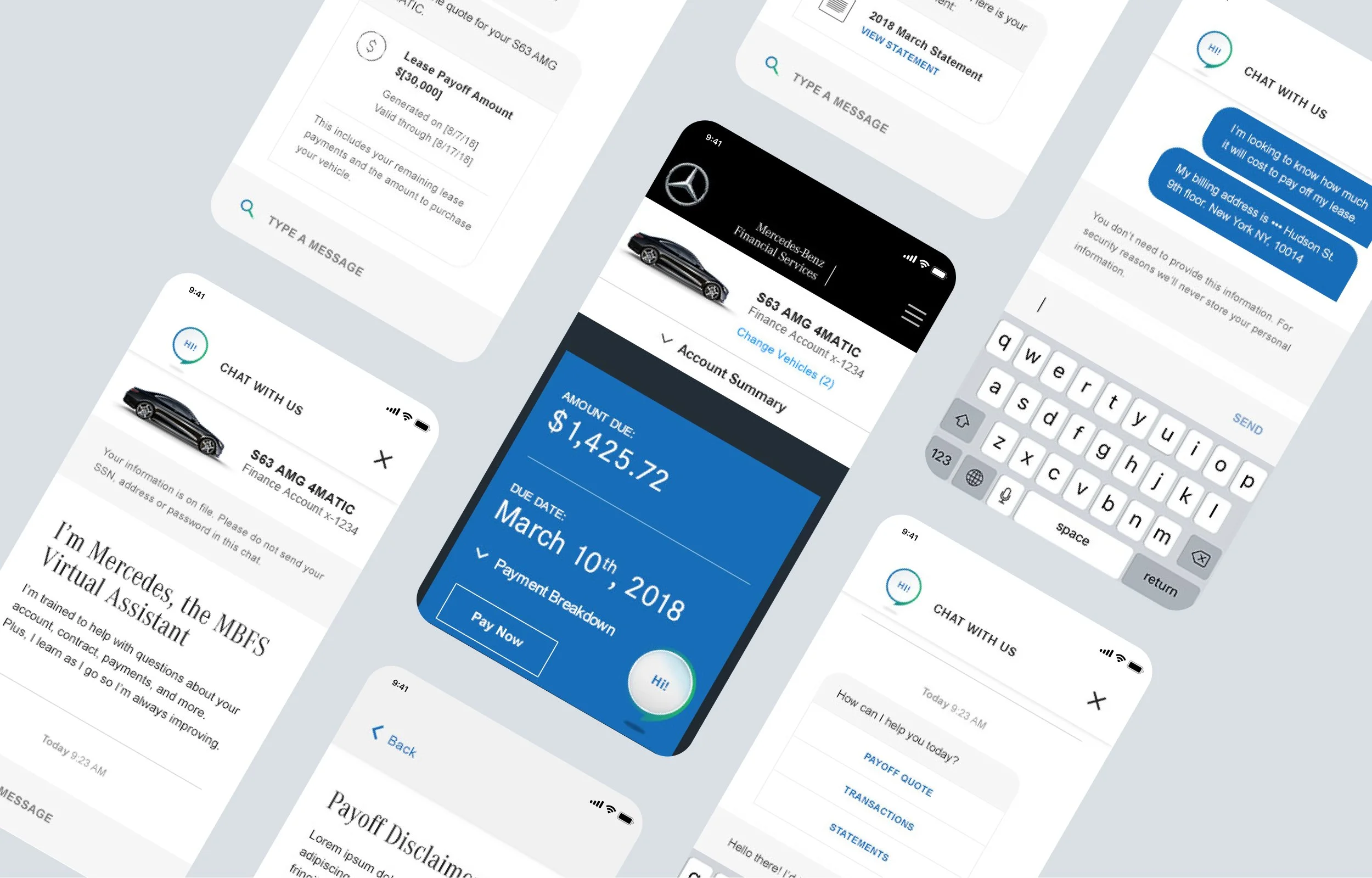 Collection of mobile phone screens displaying various financial and vehicle-related information, including payment details, messages, and vehicle data, with the Mercedes-Benz logo.