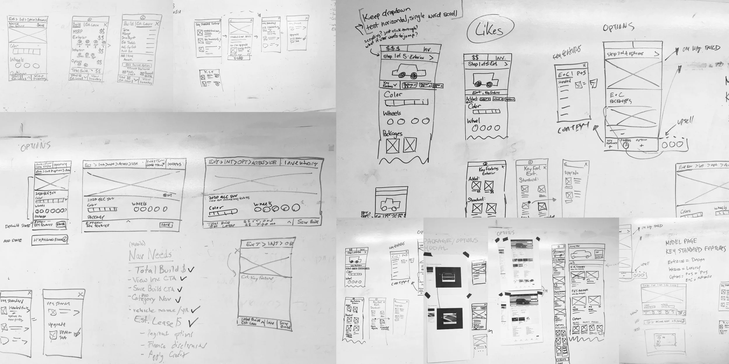 A collection of hand-drawn sketches and wireframes for a vehicle leasing or automotive app or website, including screens for build process, options, inventory, model page, and navigation needs.