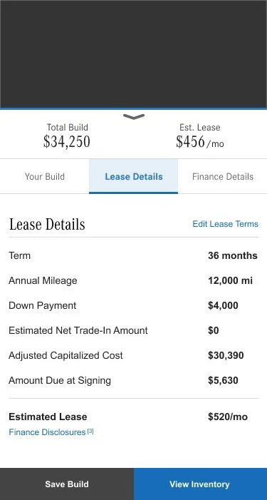 Screenshot of a property lease details page showing terms, mileage, down payment, net trade-in, cost, and monthly payment.