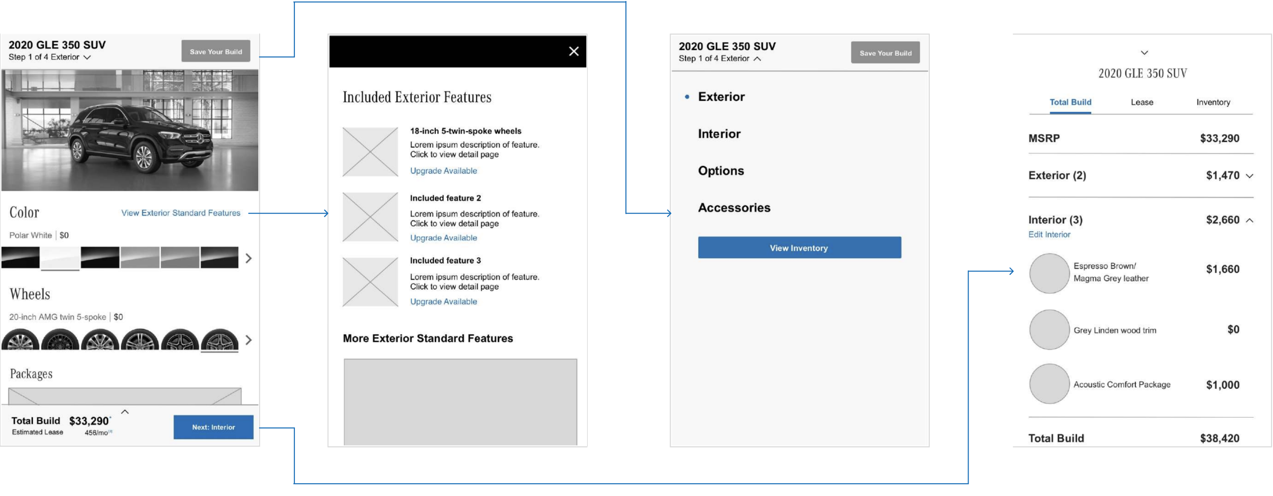Screen captures of a vehicle configuration interface for a 2020 GLE 350 SUV, showing exterior options, features, wheel choices, color selections, and a summary of pricing.