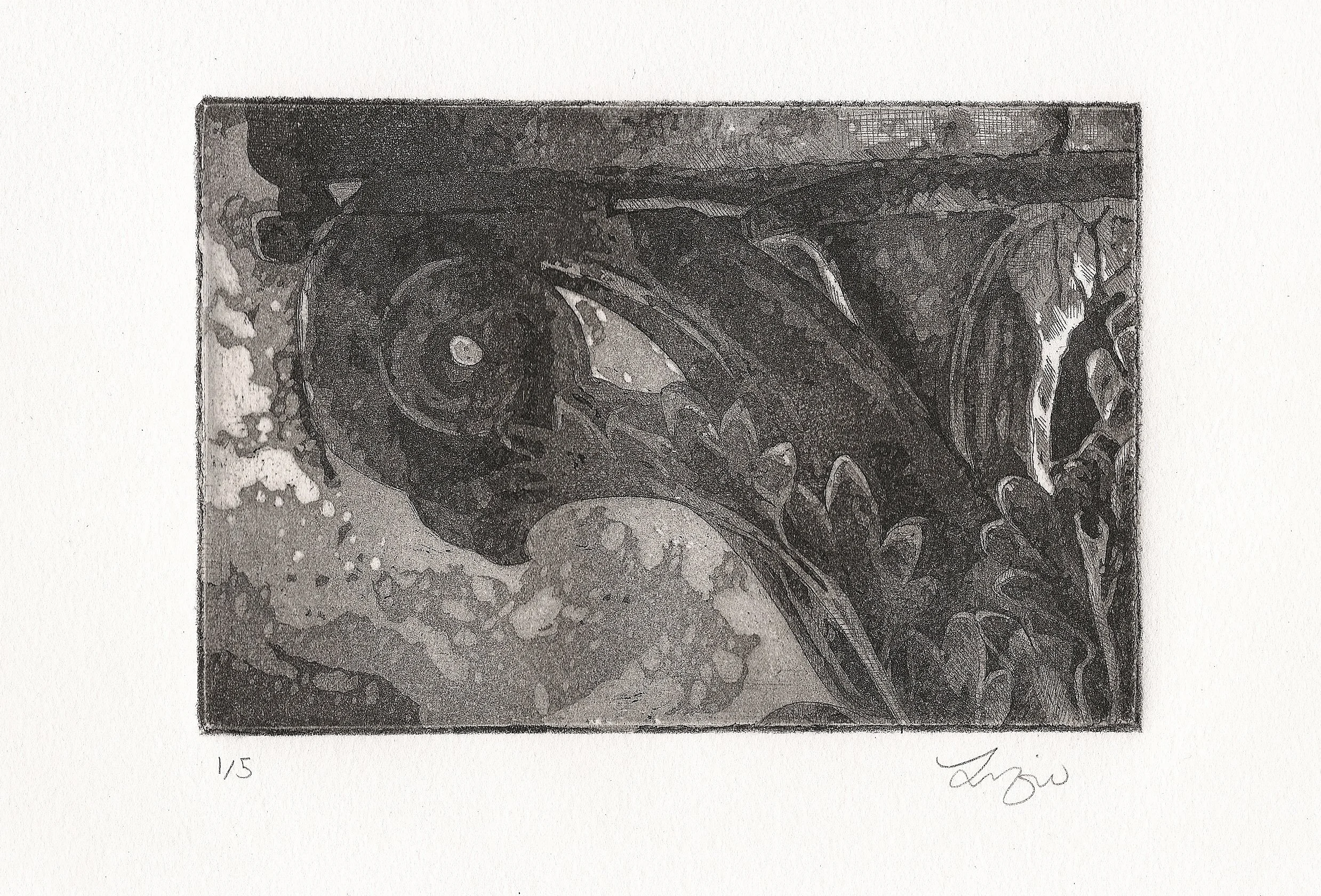 A black and white art print of a person playing a violin, signed and numbered 1/5 at the bottom.