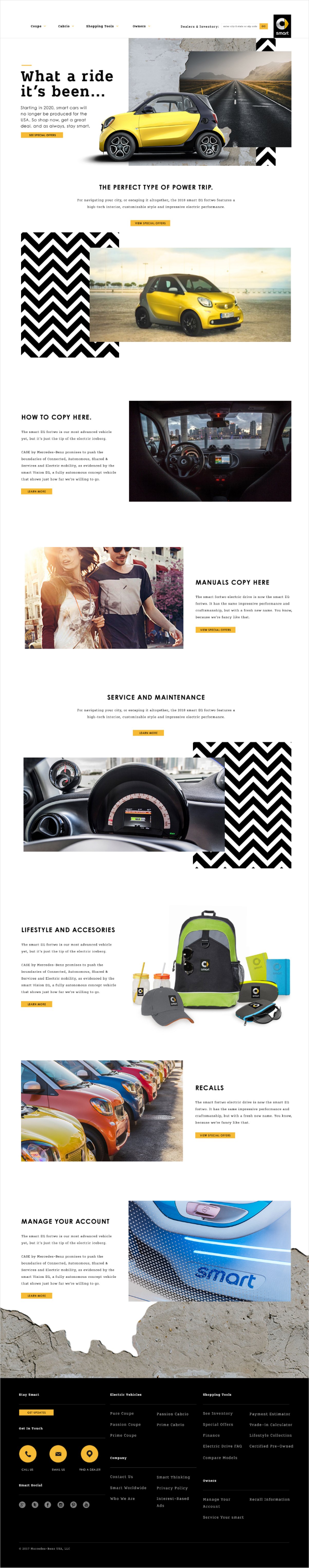 A webpage advertisement for Smart cars featuring images of yellow Smart cars, a person driving, and lifestyle accessories; includes sections on the vehicle, services, accessories, recalls, and account management.
