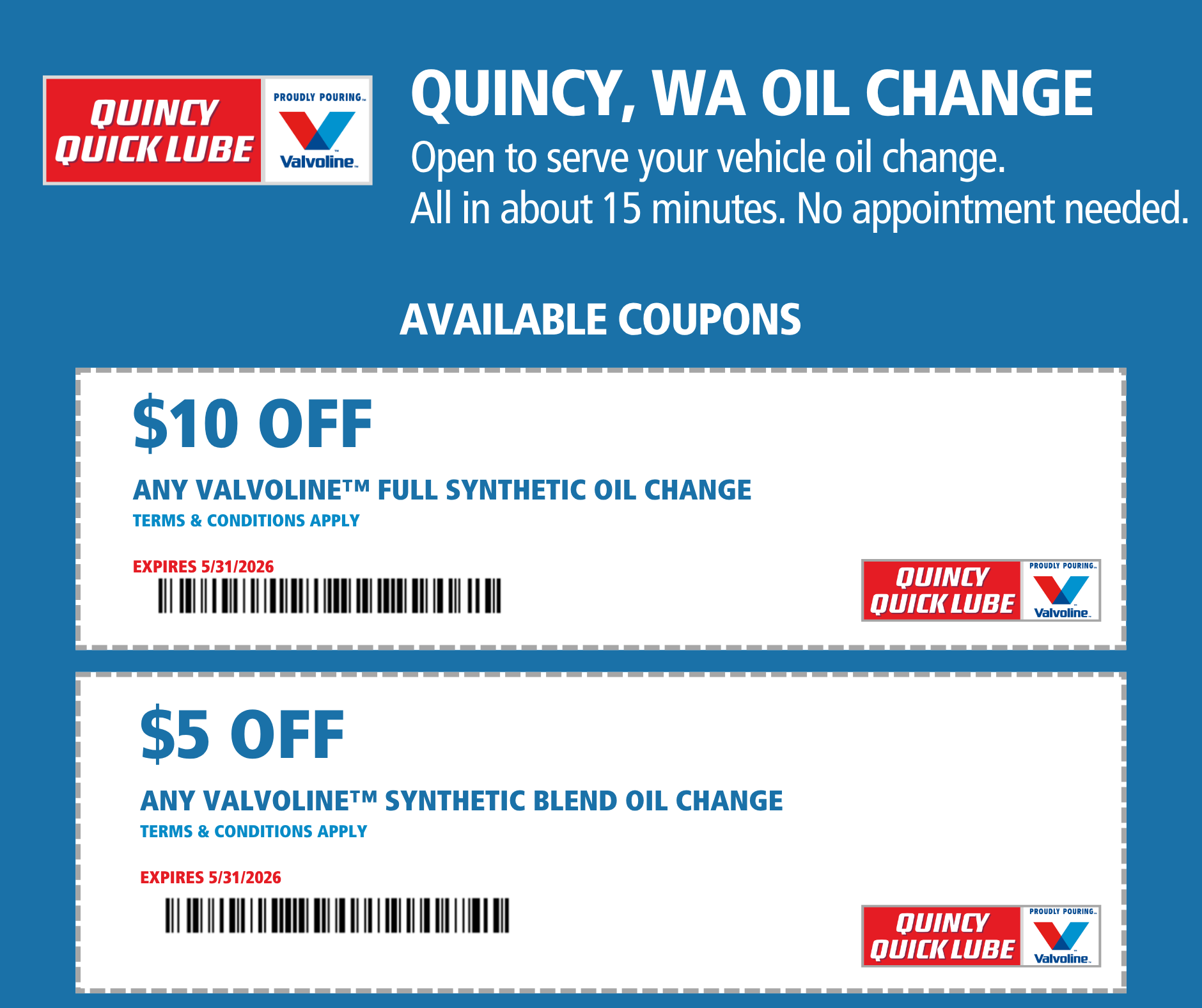 Digital flyer for a car oil change service in Quincy, Washington, offering coupons for $10 off a full synthetic oil change and $5 off a synthetic blend oil change, both expiring May 31, 2026.