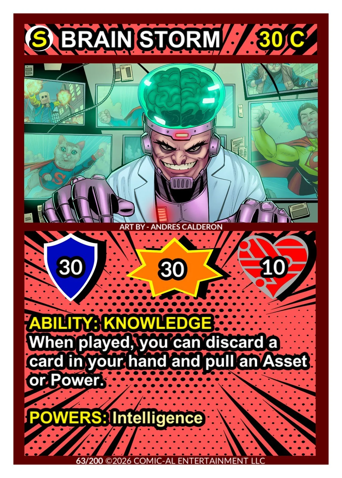 A comic-style superhero character with a brain in a glass dome on their head, surrounded by images of other superheroes and comic graphics, holding cards with numbered symbols, titled 'Brain Storm'.