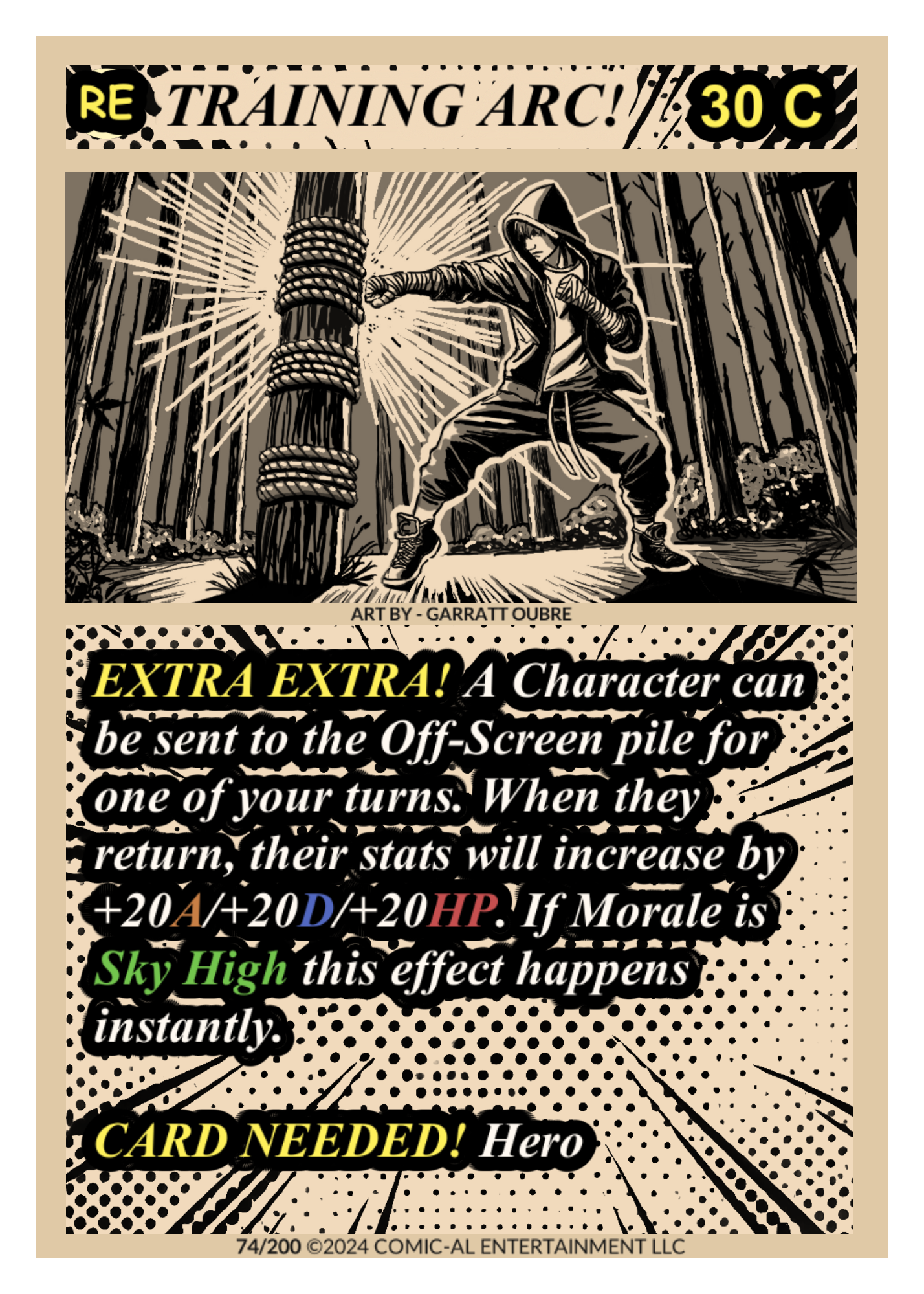 A comic-style illustration of a person in a hoodie practicing martial arts on a wooden post with ropes in a forest. The scene is in black and white, with bold, stylized text about a game feature and instructions involving in-game stats and cards. The bottom text states copyright information from Comic-Al Entertainment LLC.