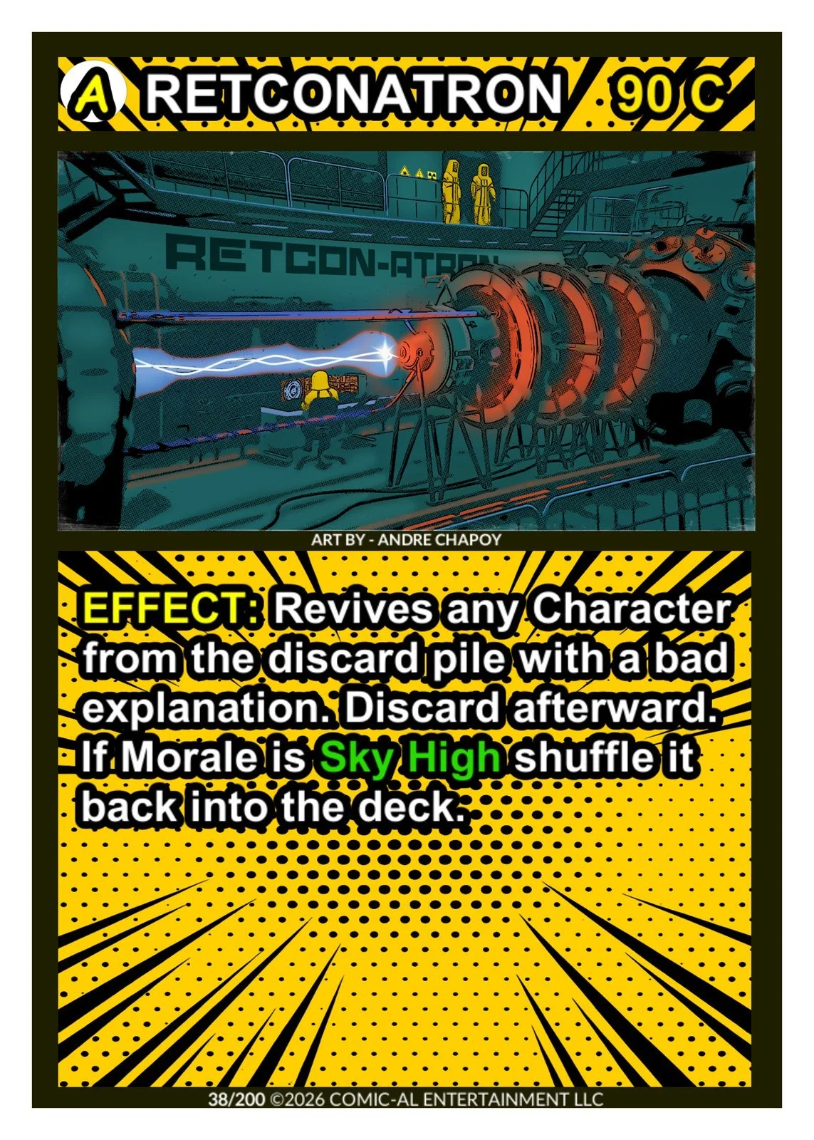 A comic-style illustration of a futuristic scene with machinery and robots on a deck, featuring the text 'RETCONATRON 90C' and a label indicating the artwork is by Andre Chapoy. Below, a yellow polka dot background contains text explaining a comic ef