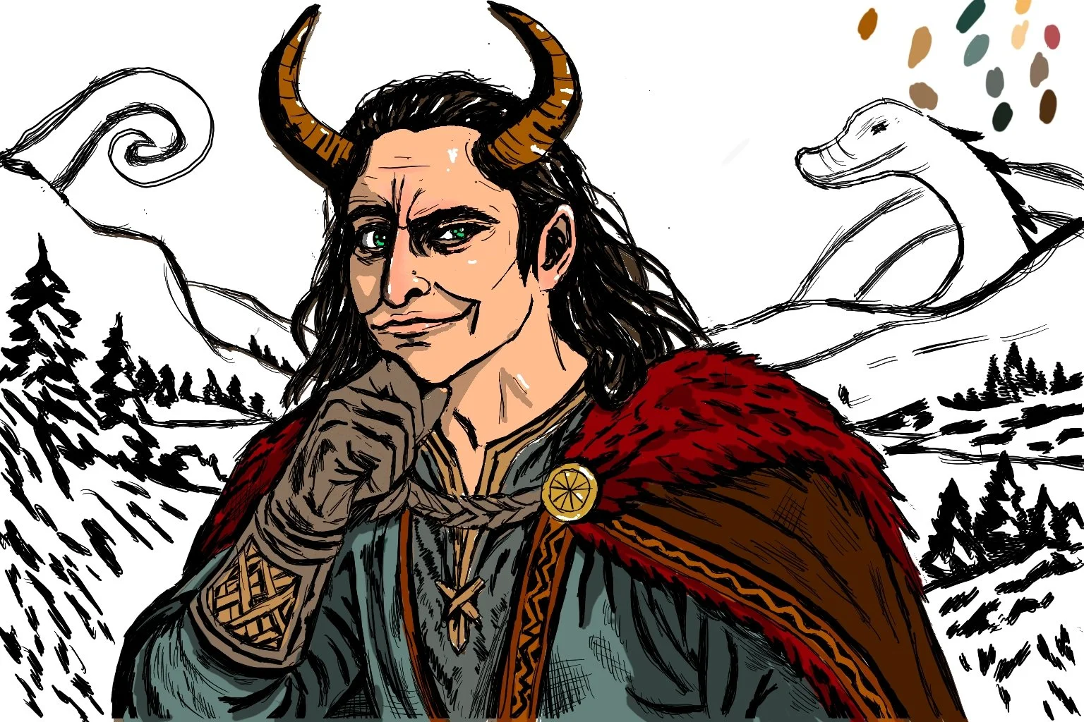 A fantasy-style illustration of a character with Viking-like horns, long dark hair, and a mischievous smile, wearing a red fur-lined cloak, against a snowy mountain landscape with a dragon in the background, and a color palette in the top right corner.