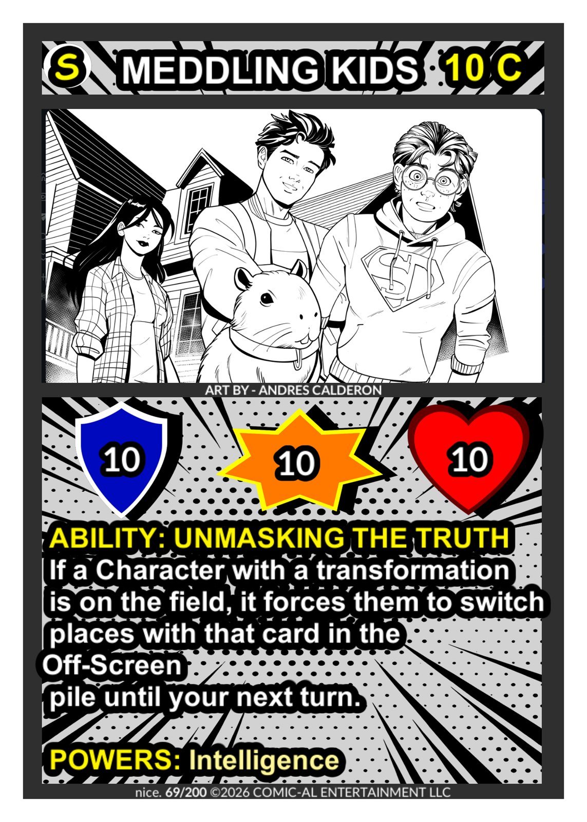 Black and white comic book style illustration of three kids, one with glasses and a hoodie, another with a dress and a checkered shirt, and one with a jacket, standing outside a house with a pig, all smiling. Below are three superhero-themed cards wi