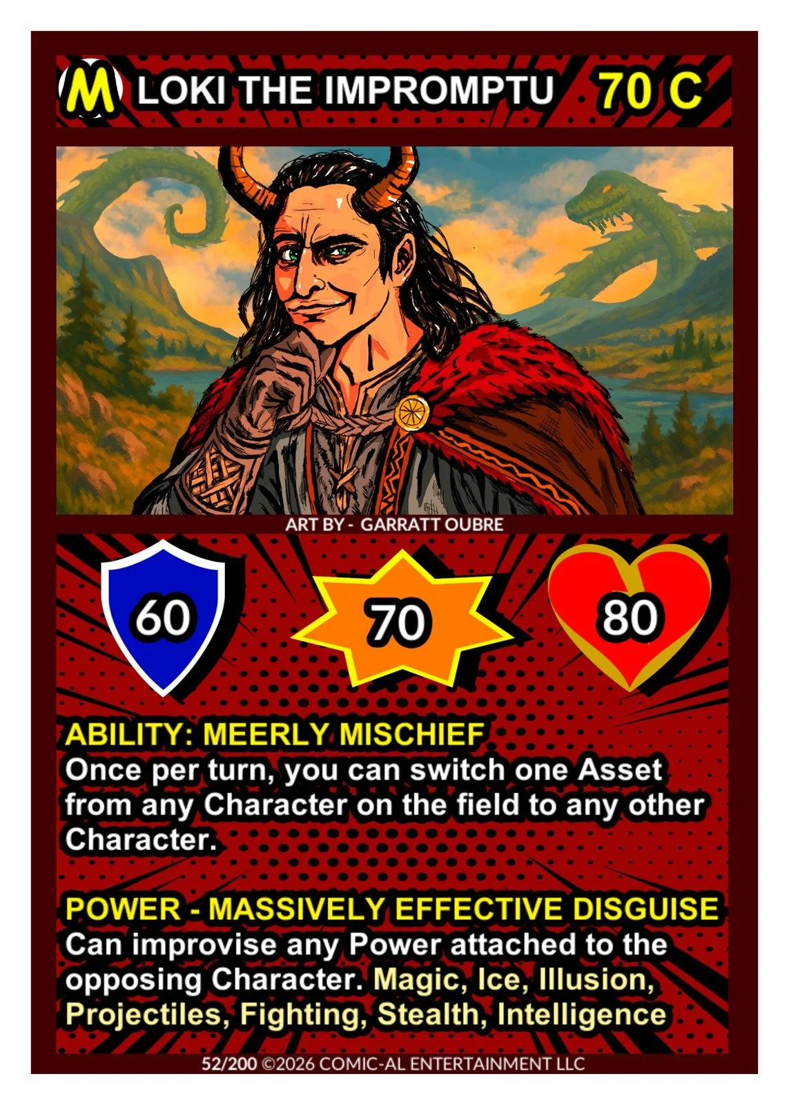 A comic-style character card of Loki the Impomptu, aged 70, illustrated with horns and a mischievous expression, set against a background of mountains and dragons. The card displays ability score of 70, with a shield icon at 60, and a heart icon at 8
