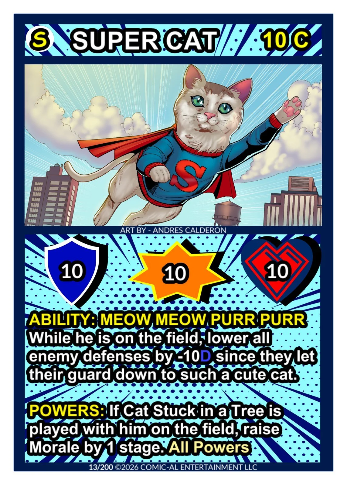 Super Cat card from COMIC-AL, a funny superhero card game. A caped cat in a blue and red costume flies over the city rooftops, with 10 shield, 10 attack, 10 health and the Meow Meow Purr Purr ability.