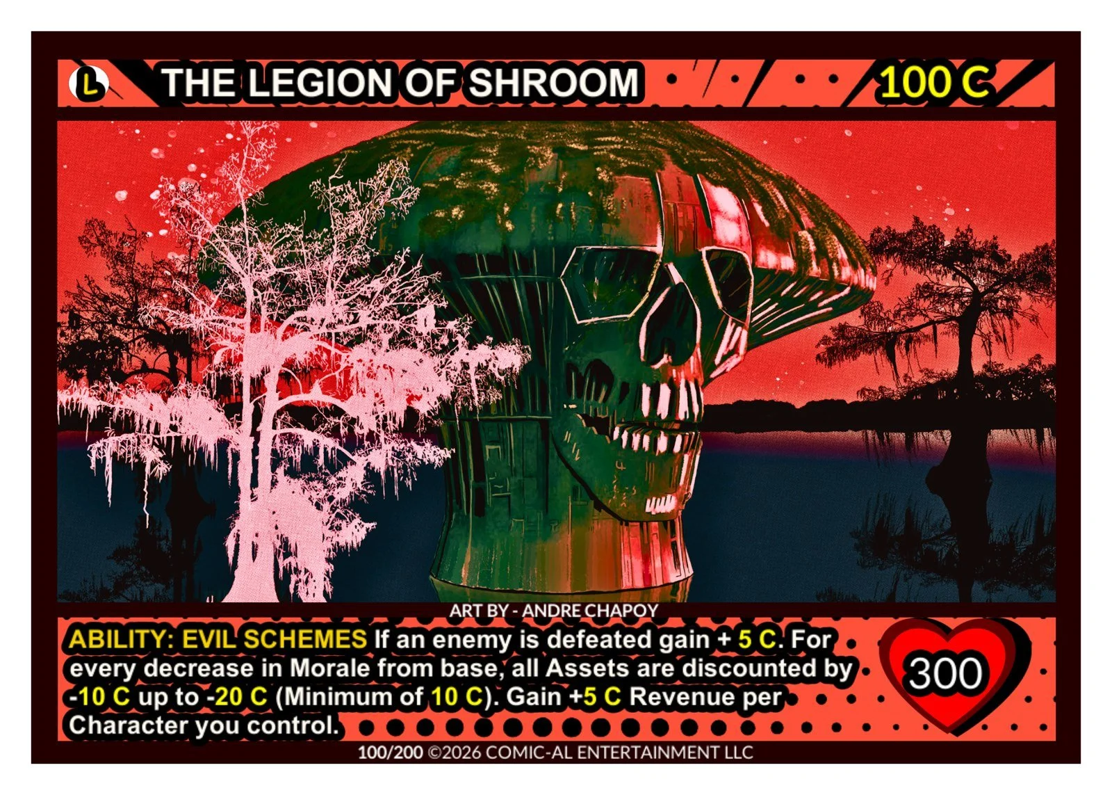 A stylized digital artwork of a large skull with a mushroom cap on top, set against a red sky with trees and reflection on water. The card is titled "The Legion of Shroom" and features game statistics and abilities at the bottom.