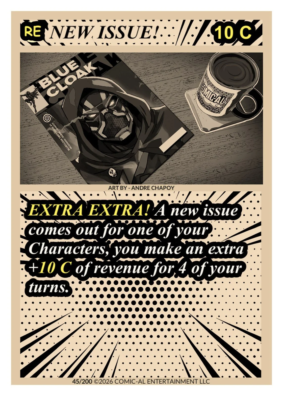 A comic book style newsletter page featuring a black and white illustration of a comic book character on top of a magazine titled "Blue Cloak," paired with a mug decal reading "Come Back" on a wooden surface. Text announces a new comic issue and an o
