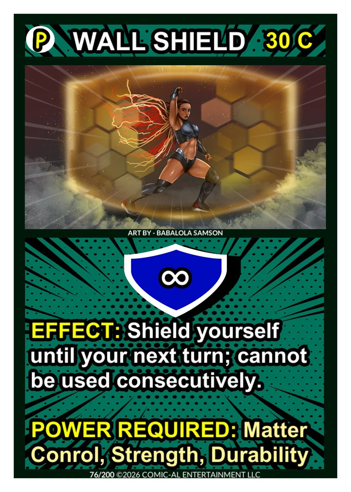 A comic-style trading card featuring a female superhero with red hair, wearing dark armor, inside a hexagonal energy shield with lightning effects, and a background of clouds and a starry sky.