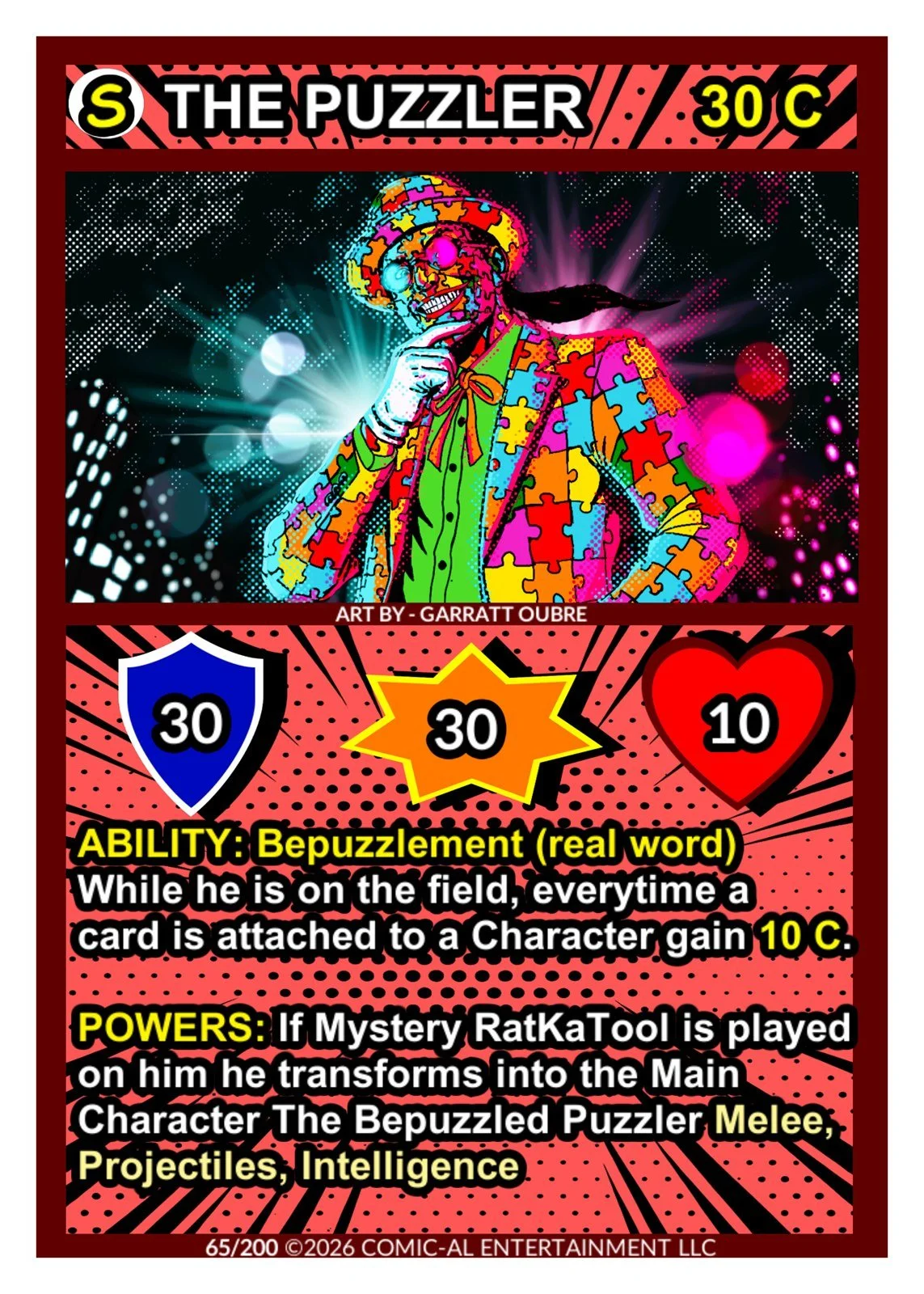 A vibrant comic-style card featuring a colorful puzzle-themed character with a jester hat, surrounded by dynamic light effects. The card includes game stats and abilities, such as a 30 combat power, a special ability called 'Bepuzzlement,' and powers