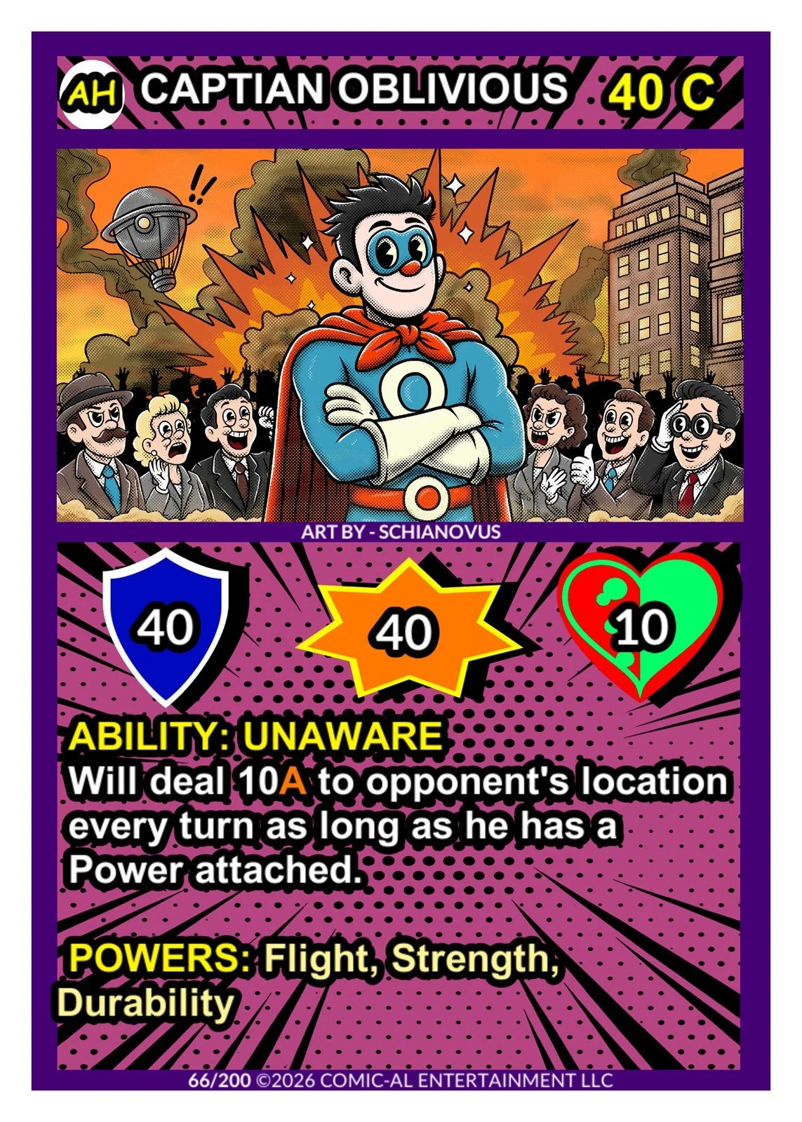 Cartoon character dressed as a superhero with a blue suit, red cape, and a symbol on chest, standing confidently with arms crossed amidst a chaotic city scene. Spectators watch from behind, with buildings and an explosion in the background.