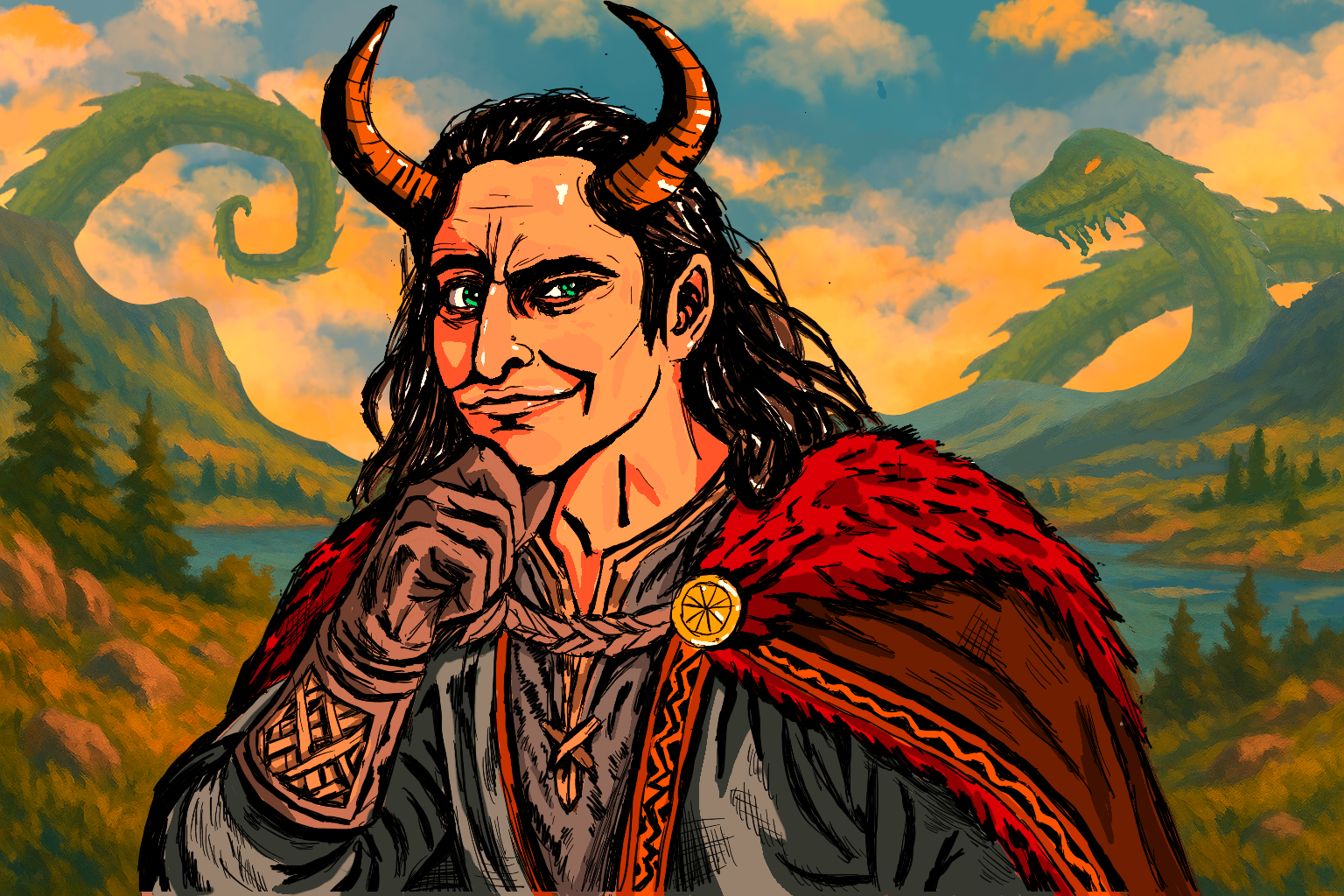 A drawing of a person with dark hair and horns, wearing a red cape, in front of a landscape with green mountains, trees, and a river, with a large sea serpent in the background.