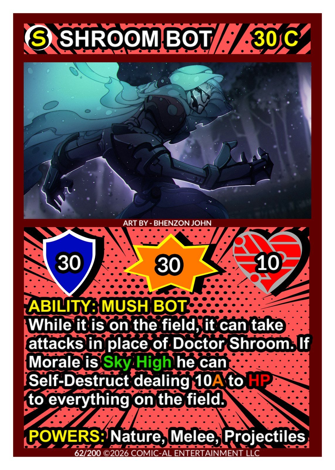 A game card titled 'Shroom Bot,' depicting a robot warrior in a forest at night, with information on abilities, powers, and stats, including attack and health points.
