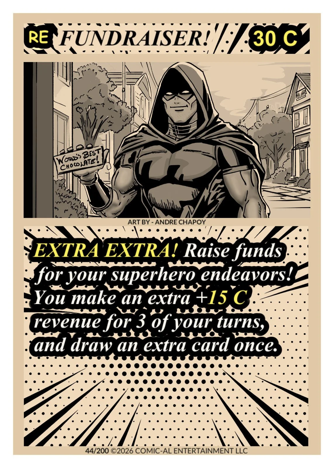 Comic book-style superhero character holding a sign that reads 'World's Best Chocolate', promoting a fundraiser with comic-style graphics and text about raising funds for superhero endeavors, offering an extra 15 cents revenue for every three turns a
