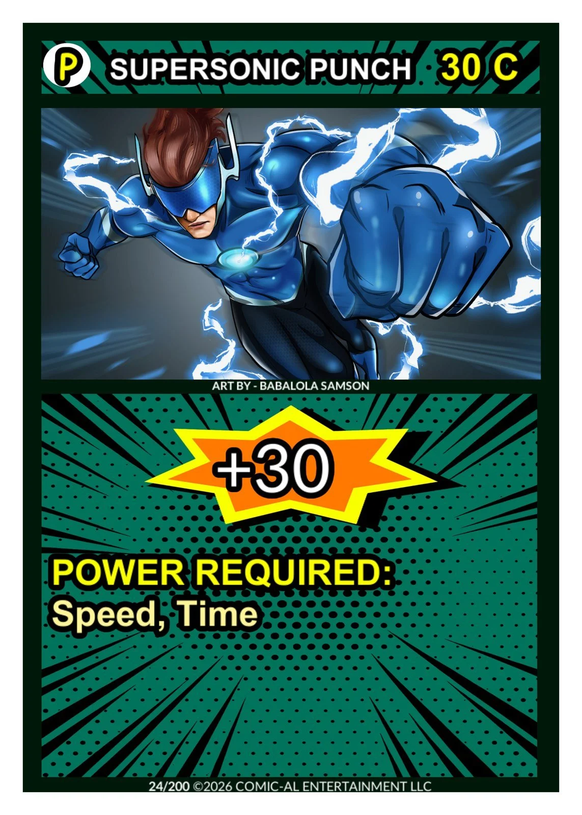 Supersonic Punch power card from COMIC-AL, a funny superhero card game. A hero in a blue suit throws a punch trailing lightning. Plus 30 boost, requires Speed and Time.