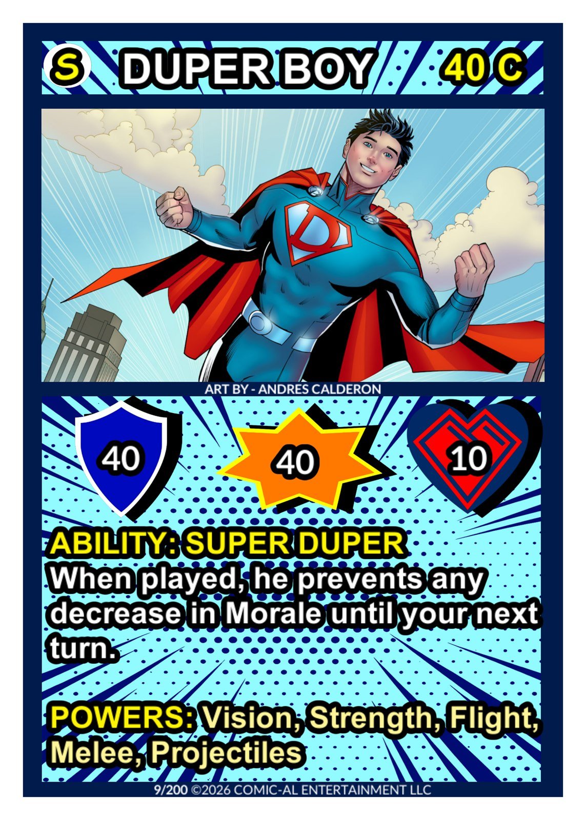 Duper Boy card from COMIC-AL, a funny superhero card game. A caped hero in a blue and red suit with a D emblem flies above the clouds, with 40 attack, 10 health and his Super Duper ability shown.