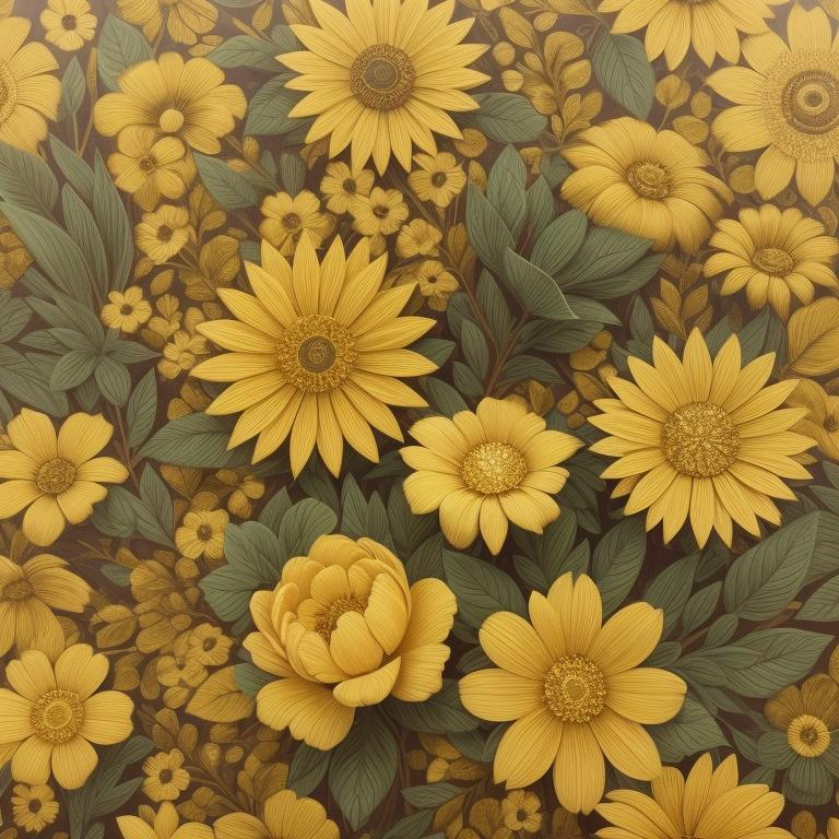 A dense pattern of yellow flowers and green leaves on a dark brown background.
