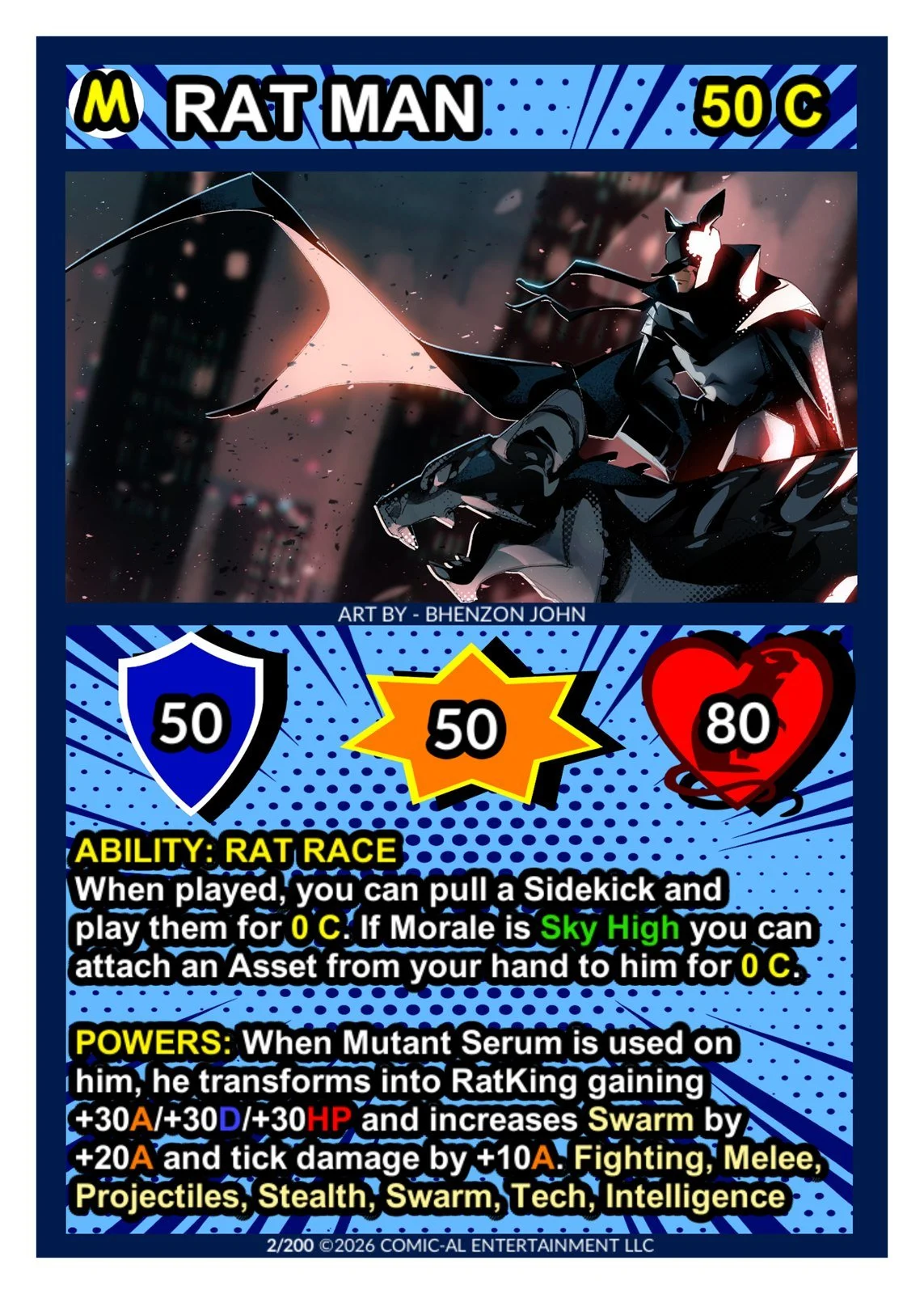 Rat Man card from COMIC-AL, a funny superhero card game. A masked rodent vigilante rides a giant rat through a dark cityscape, with 50 attack, 80 health and his Rat Race ability shown.