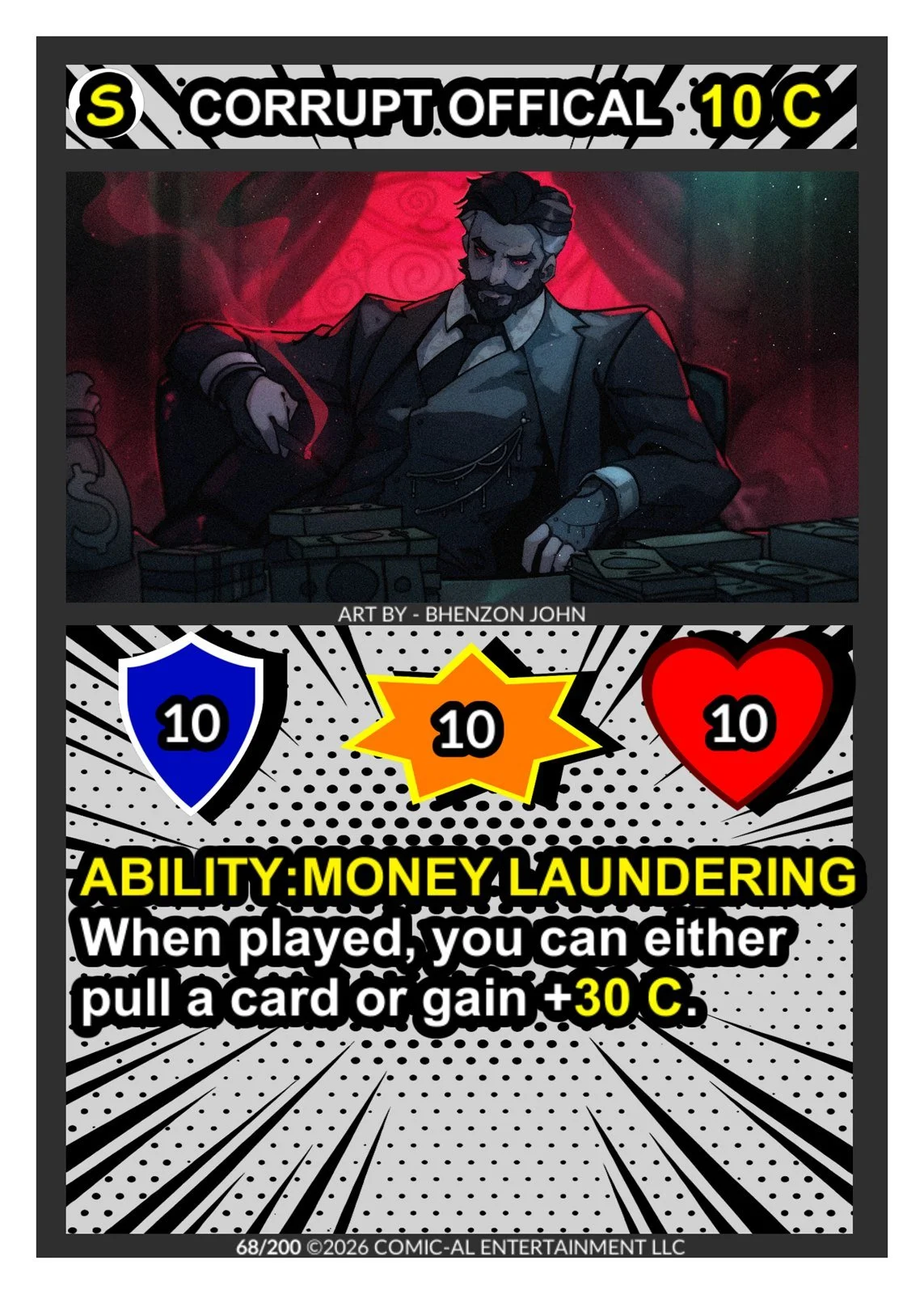 A comic-style illustration of a man in a suit with dark hair and a beard, sitting at a desk with stacks of money and a bag of cash, with a red and black swirling background. Below is a panel with colorful icons representing a shield, a starburst, and