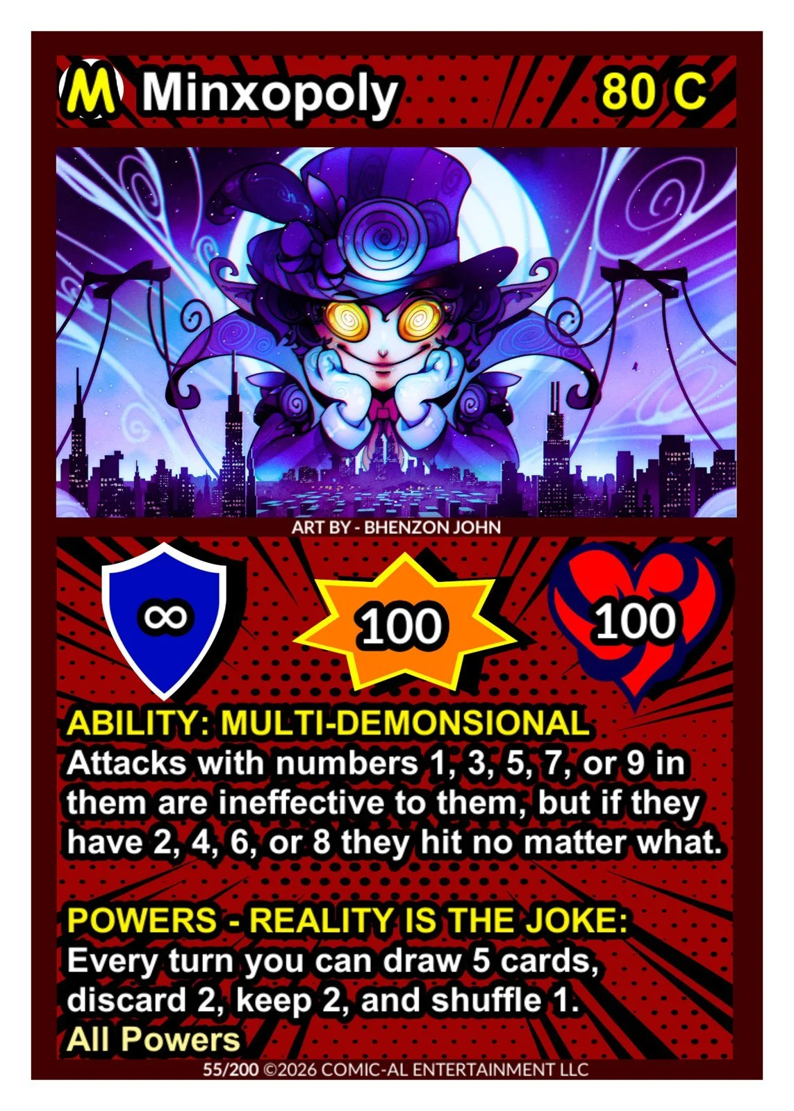 A Minxopoly trading card featuring a purple, multi-dimensional demon-like character with glowing spiral eyes and ornate outfit, set against a cityscape background with swirling energy and lines. Card includes ability details, attack values, and power