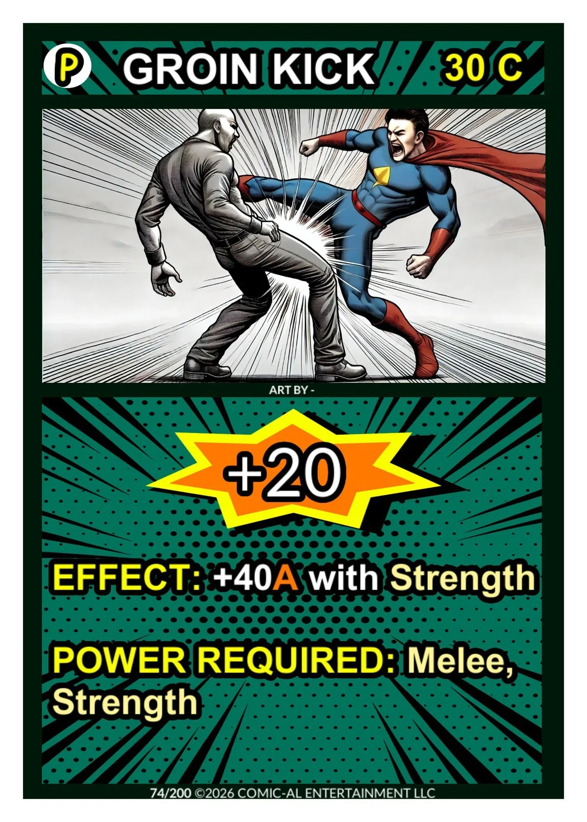 Comic book style illustration of a superhero kicking a man in the groin during a fight, with text indicating a power-up effect and requirements for strength and melee skills.