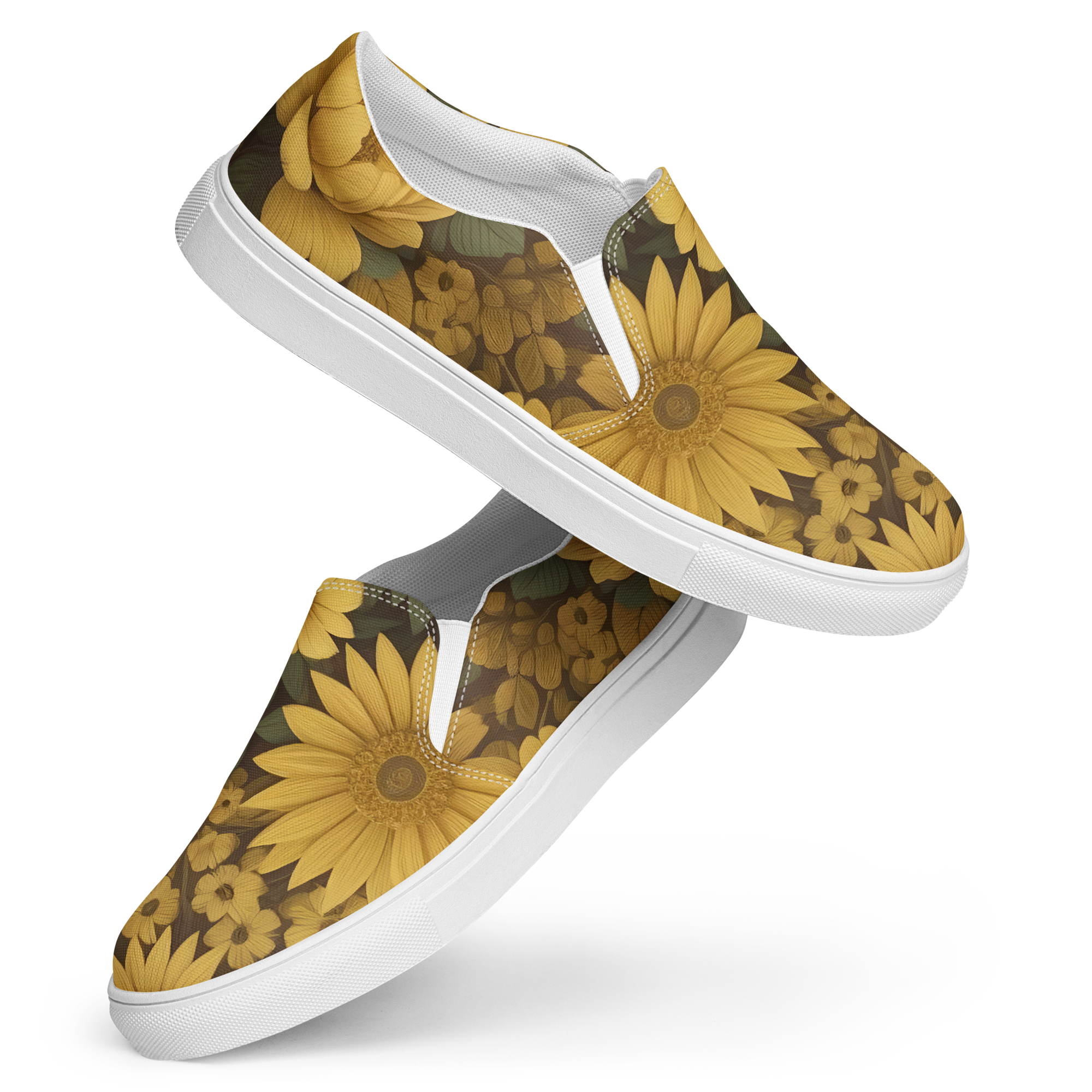 A sneaker with a sunflower pattern design on the fabric and a white sole, viewed from a slight angle.