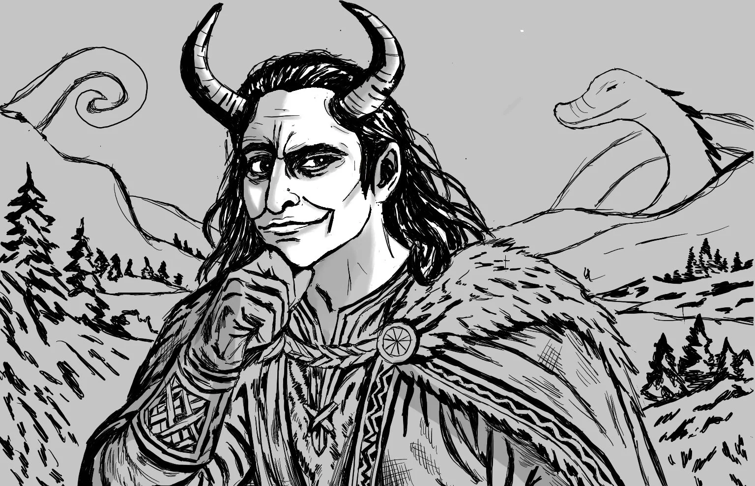 Black and white drawing of a character with horns, long hair, and a mischievous smile, wearing a cloak with fur, set against a mountainous landscape with trees.