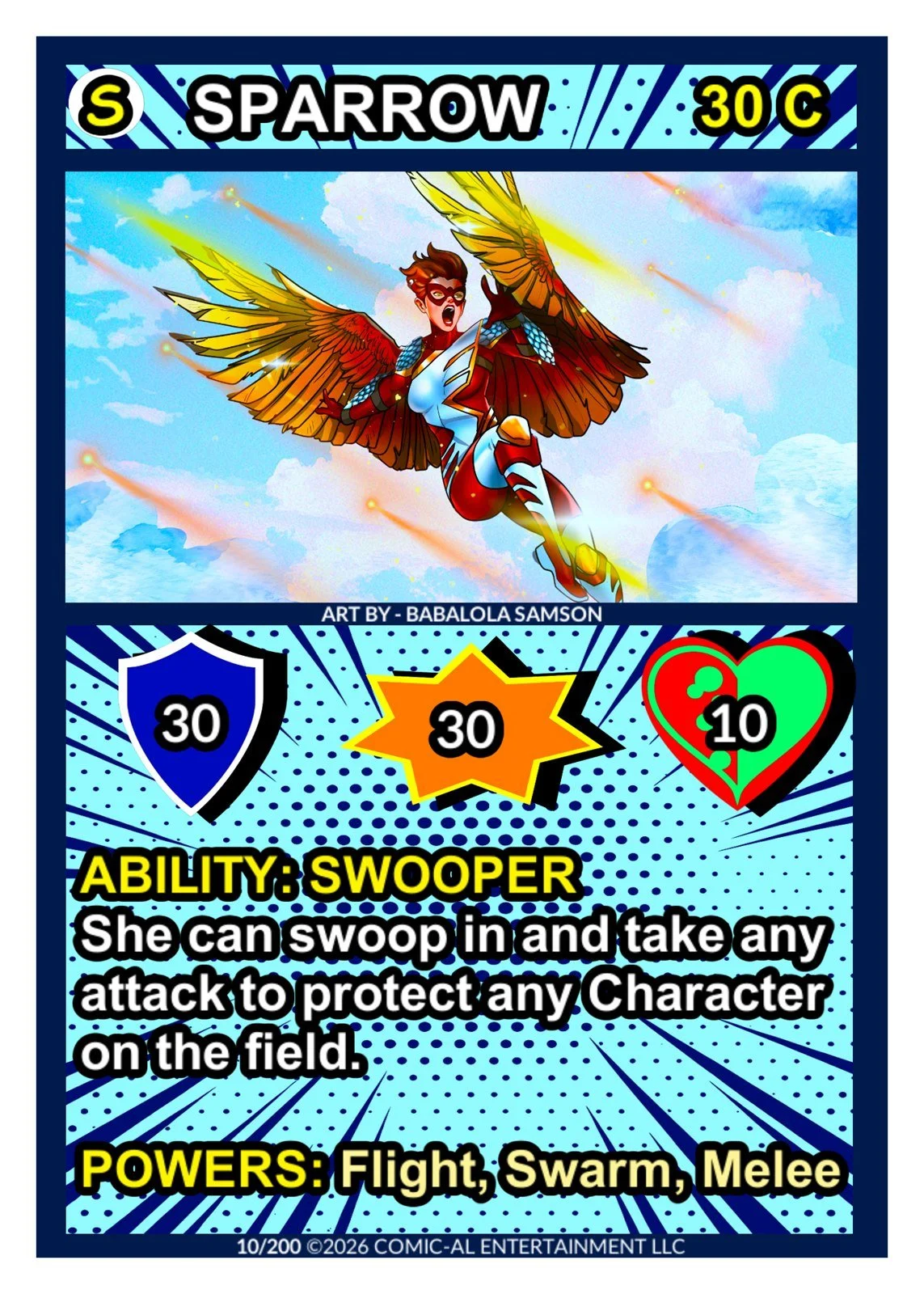 Sparrow card from COMIC-AL, a funny superhero card game. A winged heroine soars through sunlit clouds, with 30 shield, 30 attack, 10 health and her Swooper ability to protect an ally.
